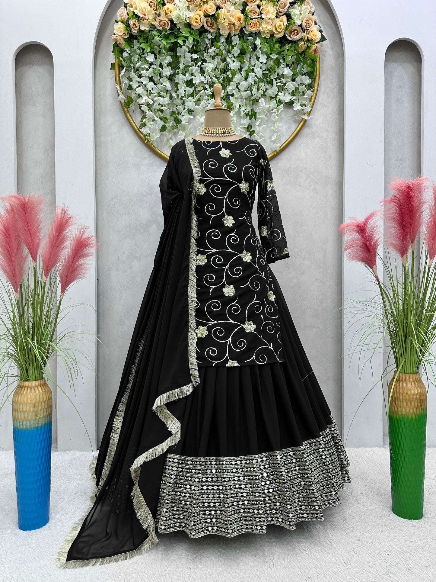 Trendy Black Thread Sequence Work Top With Lehenga