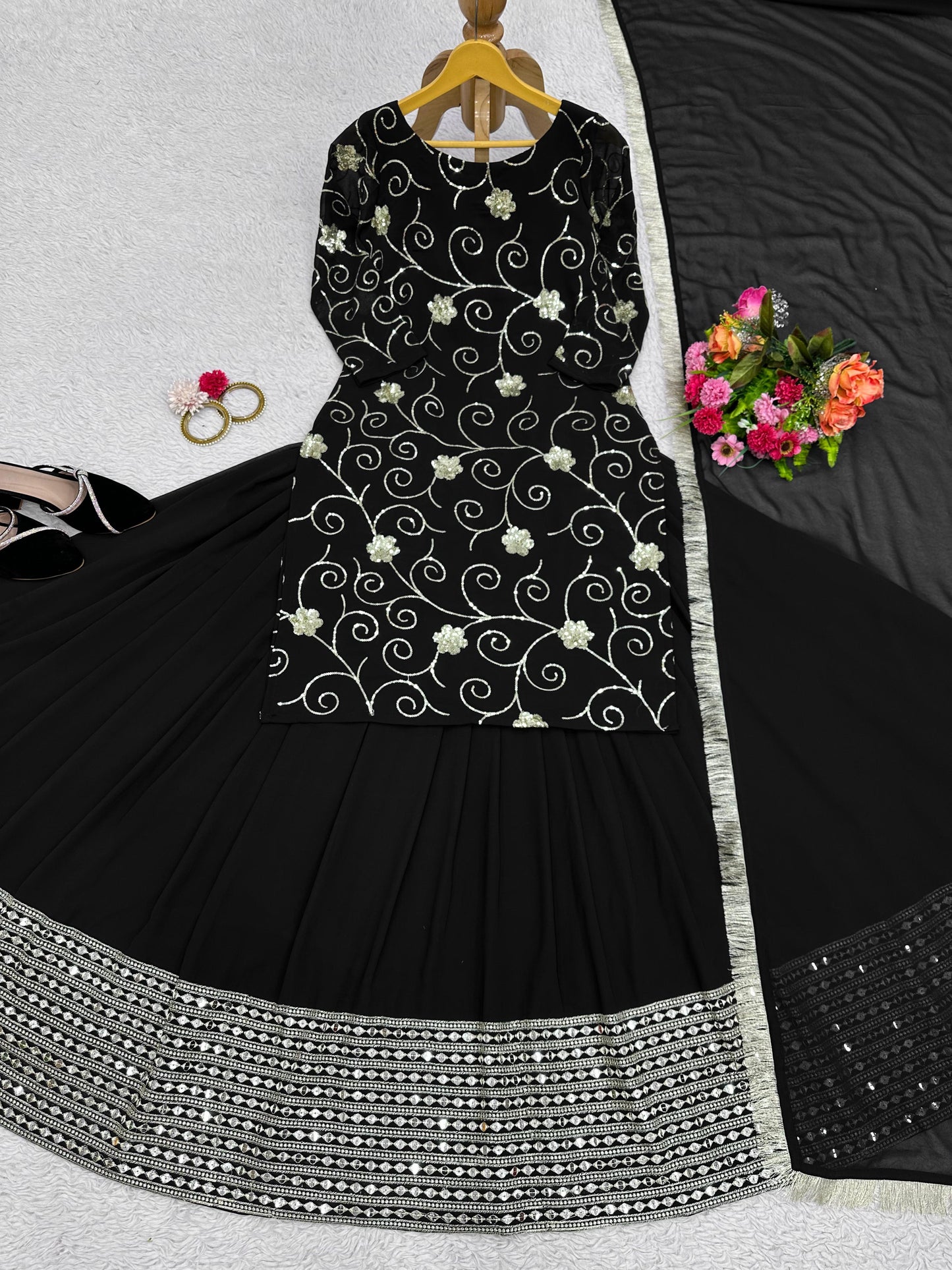 Trendy Black Thread Sequence Work Top With Lehenga