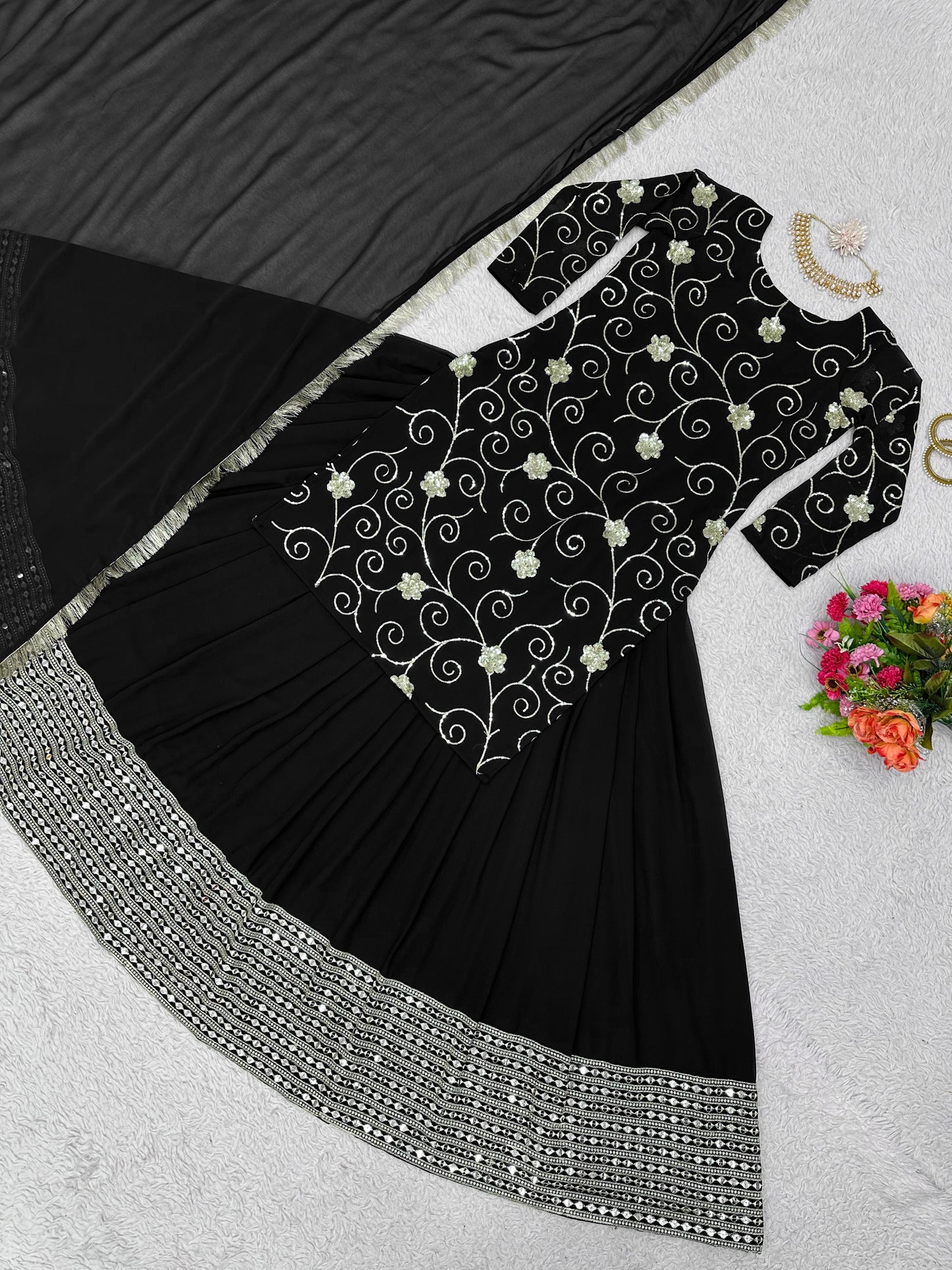 Trendy Black Thread Sequence Work Top With Lehenga