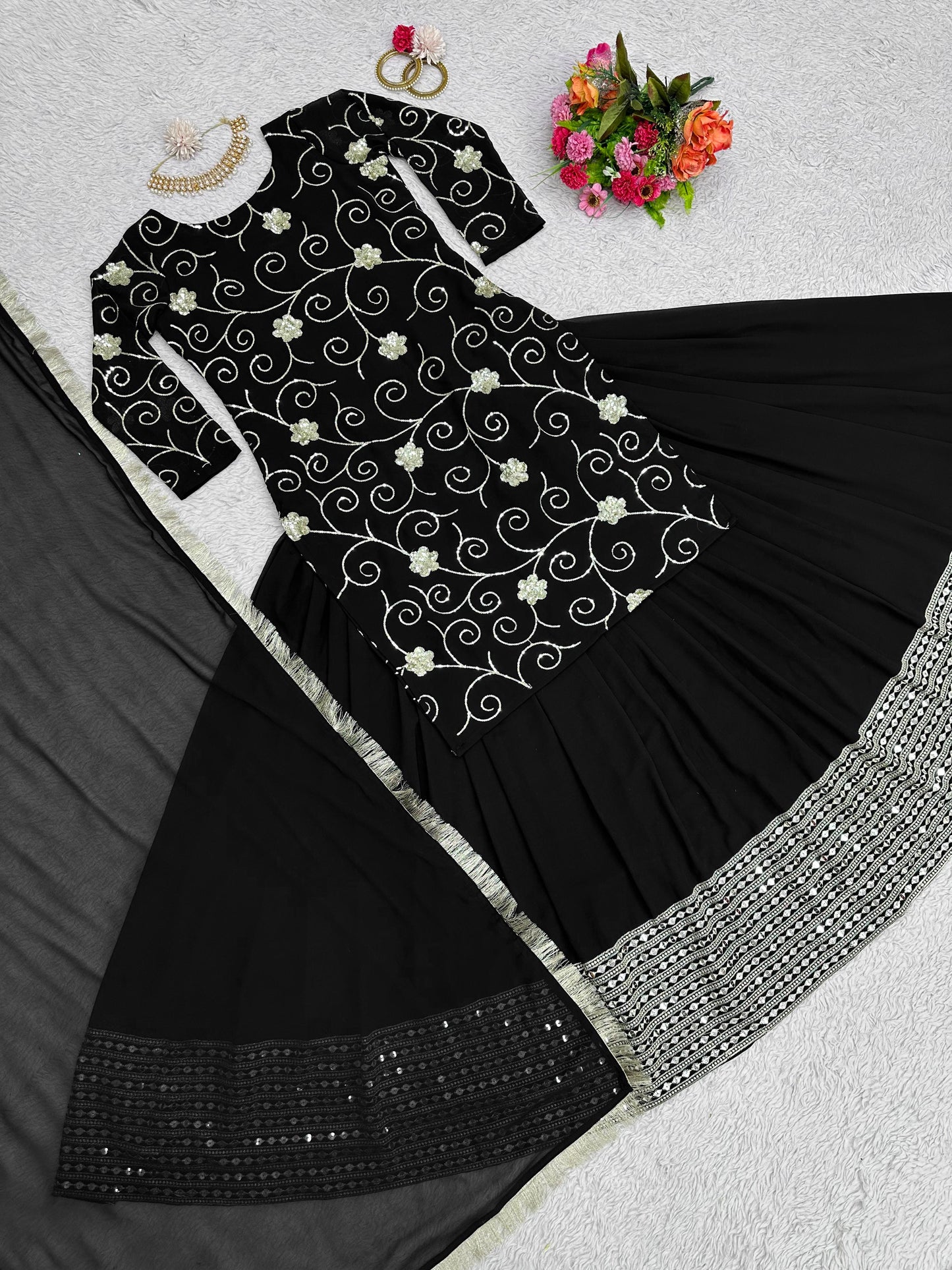 Trendy Black Thread Sequence Work Top With Lehenga