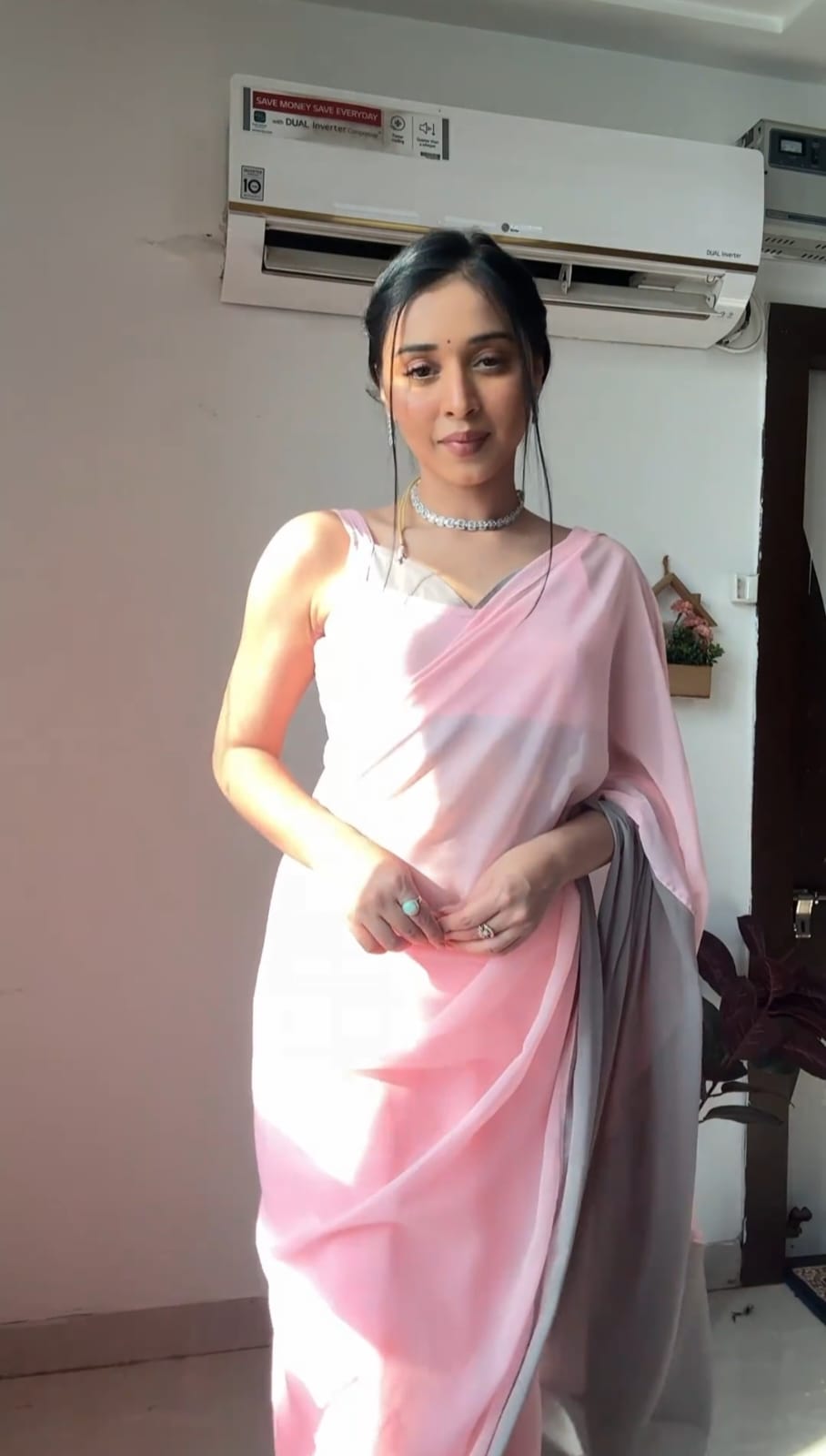 Light Pink And Gray Ready To Wear Saree