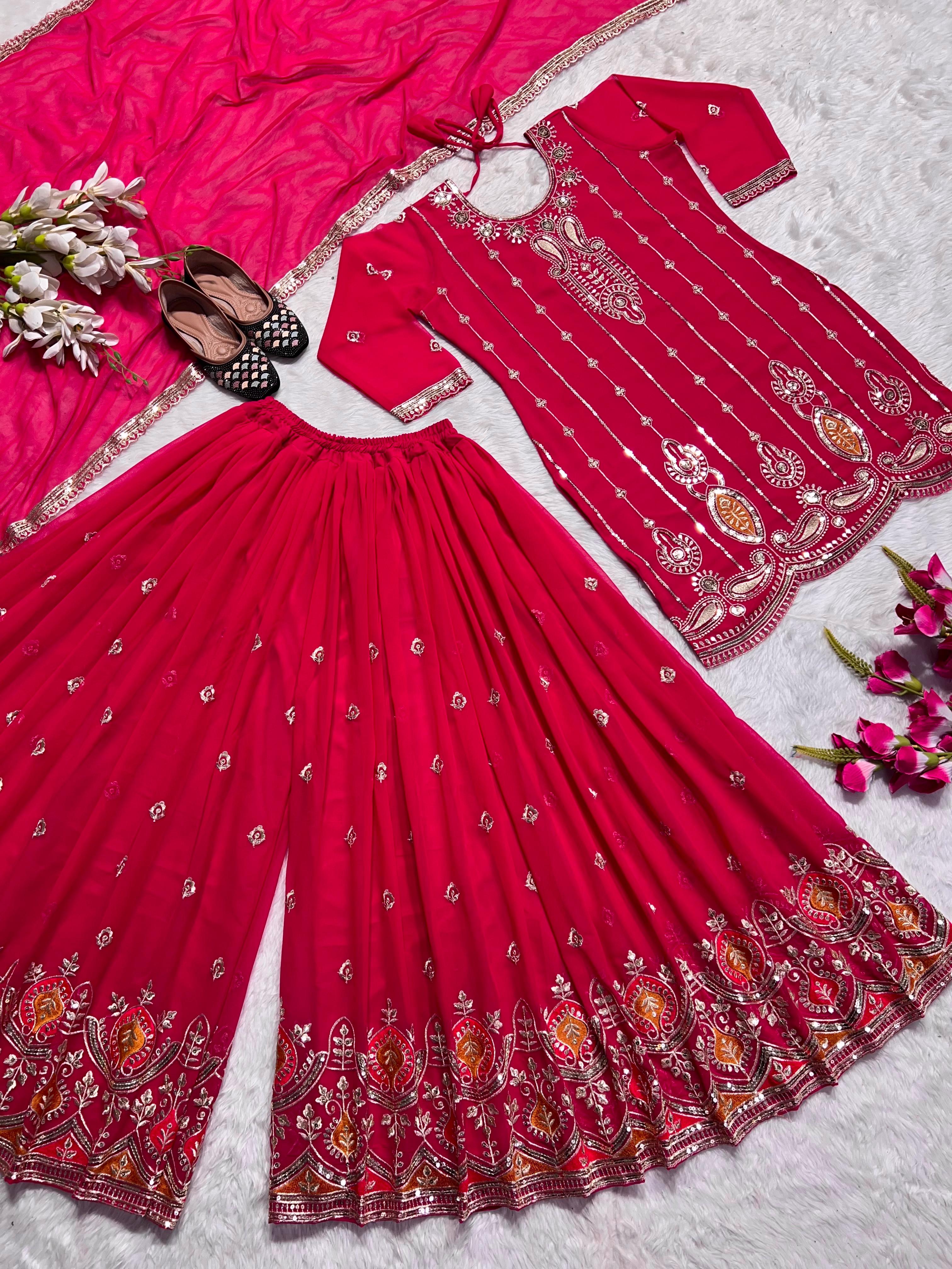 Exclusive Embroidery Sequence Work Pink Palazzo Suit