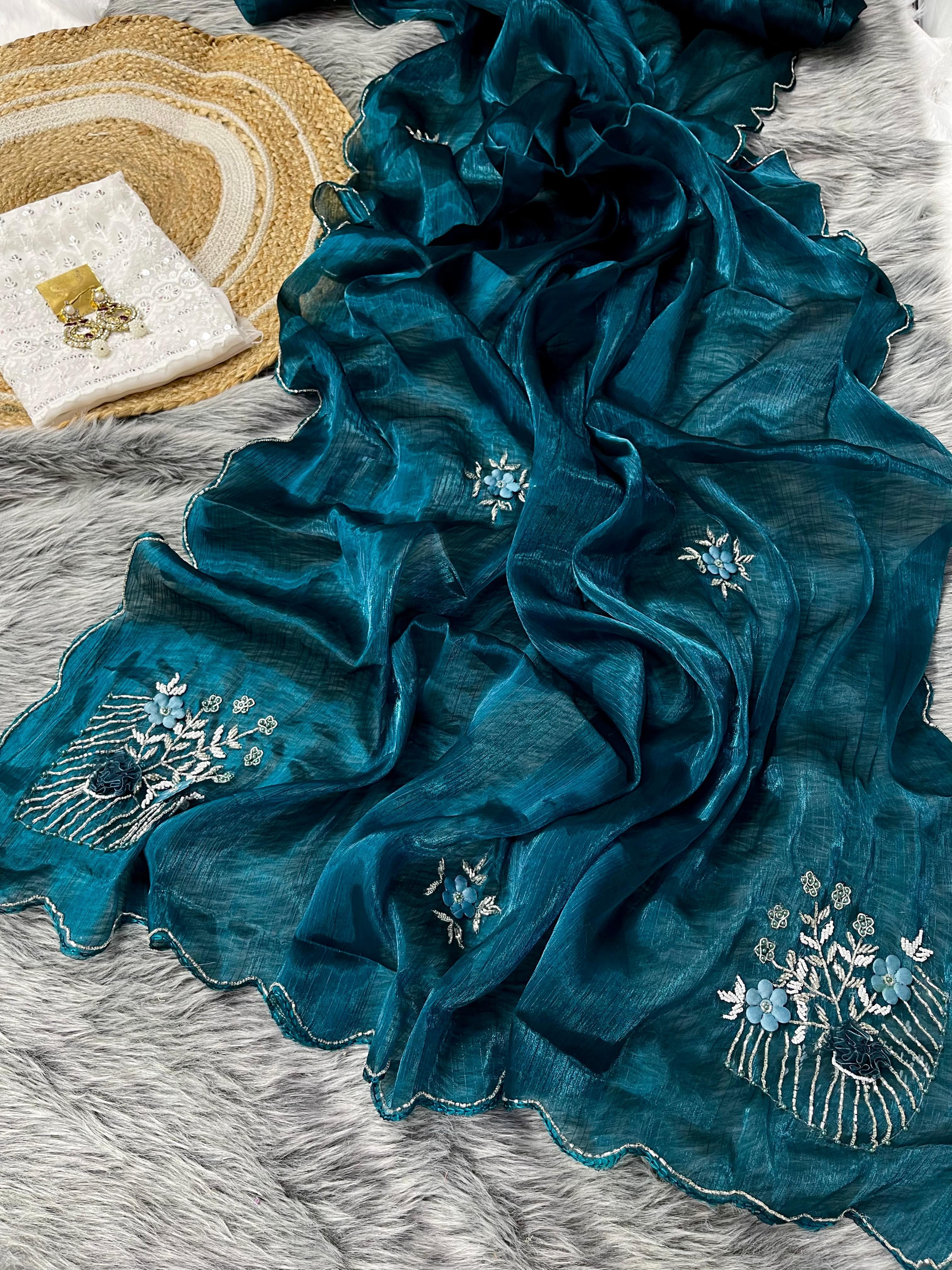 Gorgeous Teal Blue Color Hand Khatli Work Saree