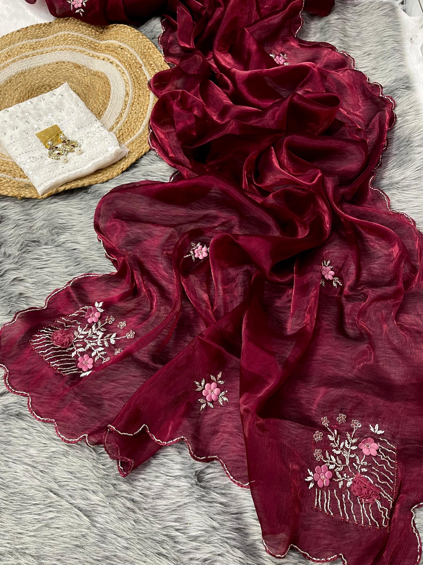 Gorgeous Maroon Color Hand Khatli Work Saree