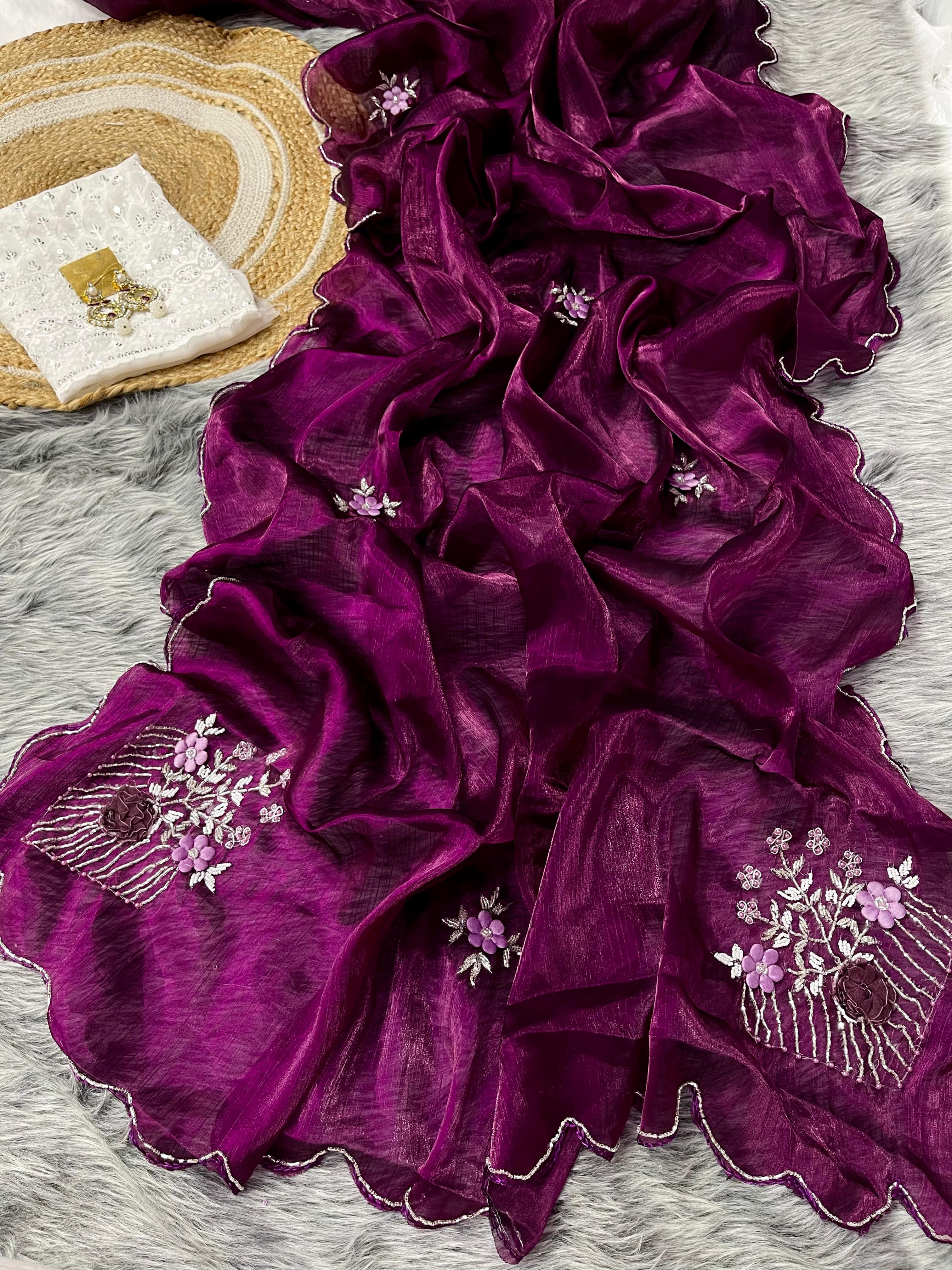 Gorgeous Wine Color Hand Khatli Work Saree