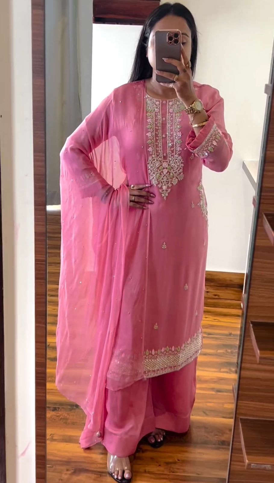 Stunning Pink Color Embroidery Sequence Work Palazzo Suit