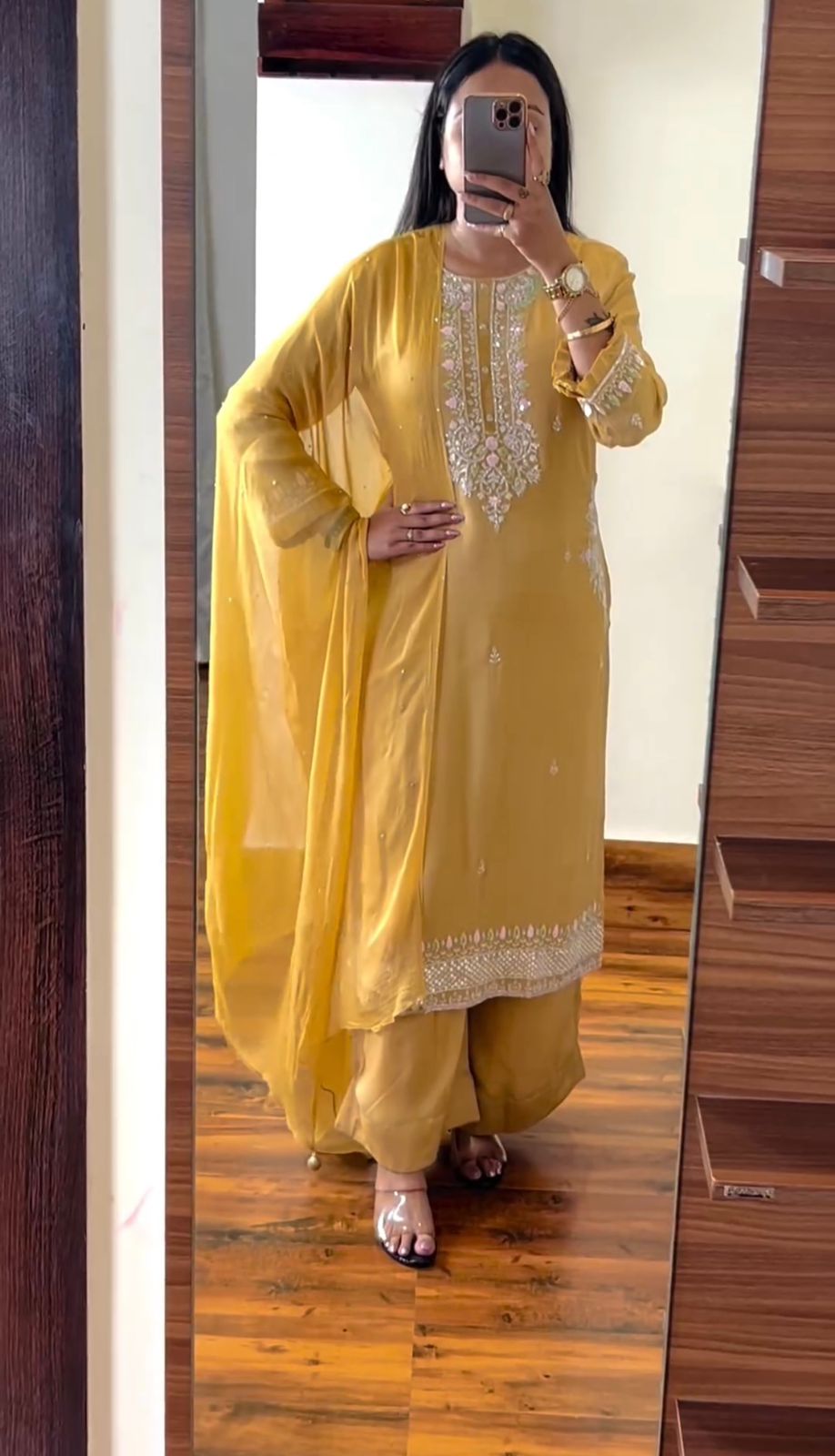 Stunning Yellow Color Embroidery Sequence Work Palazzo Suit