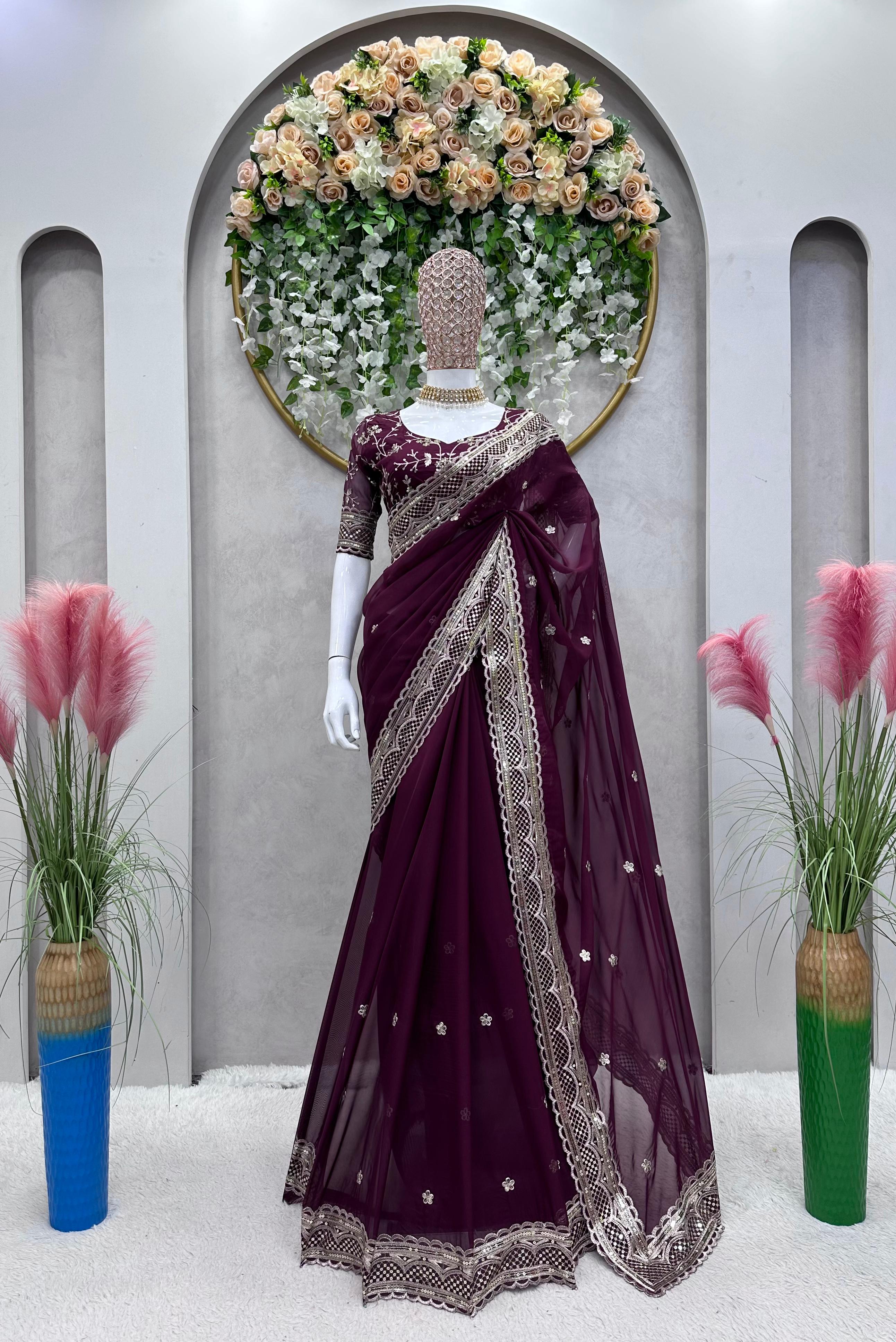 Lovely Wine Color Thread Sequence Work Saree