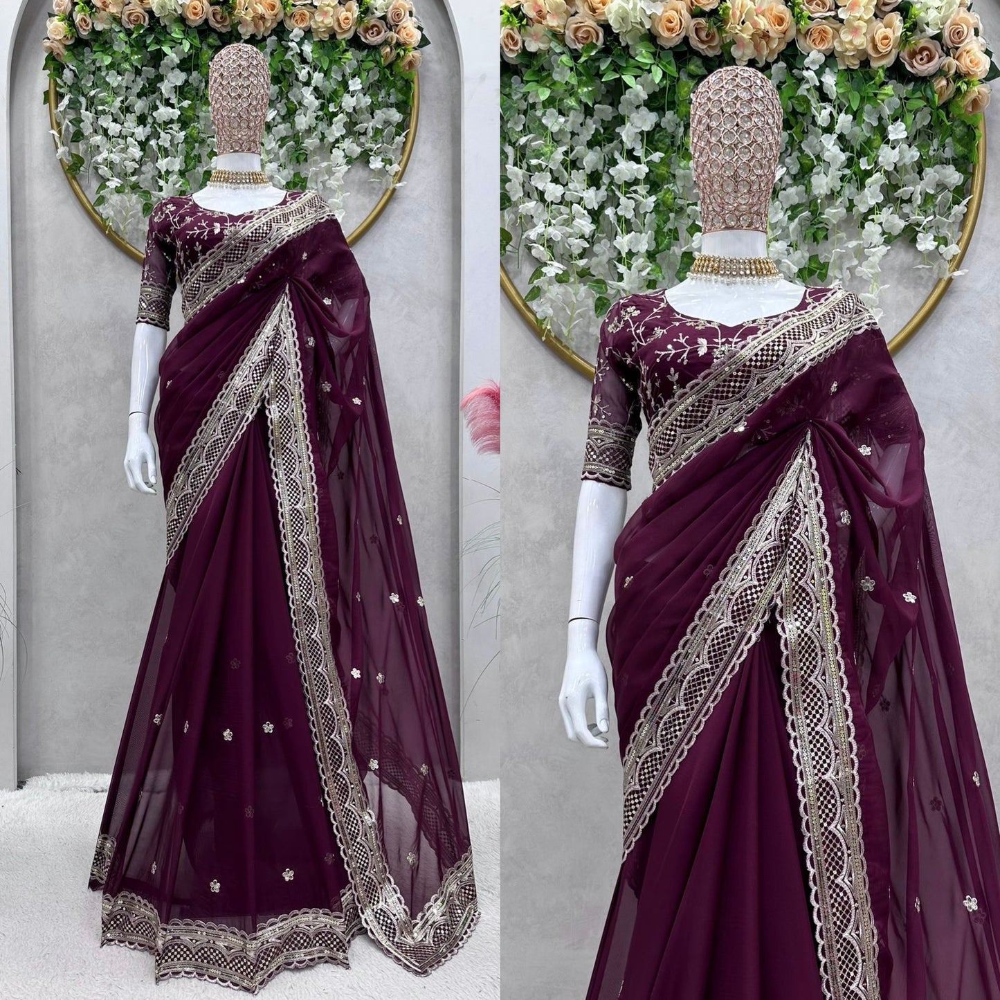 Lovely Wine Color Thread Sequence Work Saree