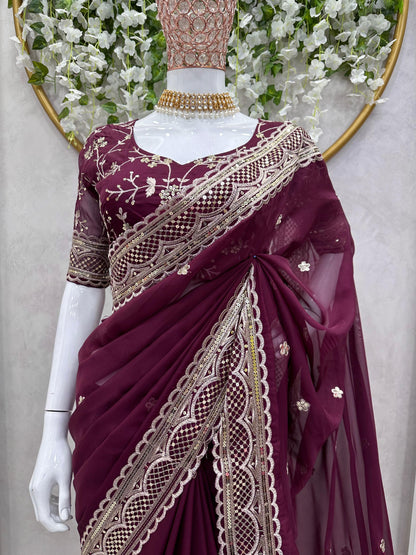 Lovely Wine Color Thread Sequence Work Saree