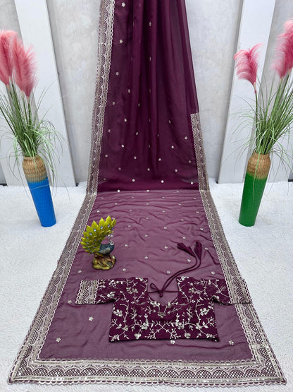 Lovely Wine Color Thread Sequence Work Saree