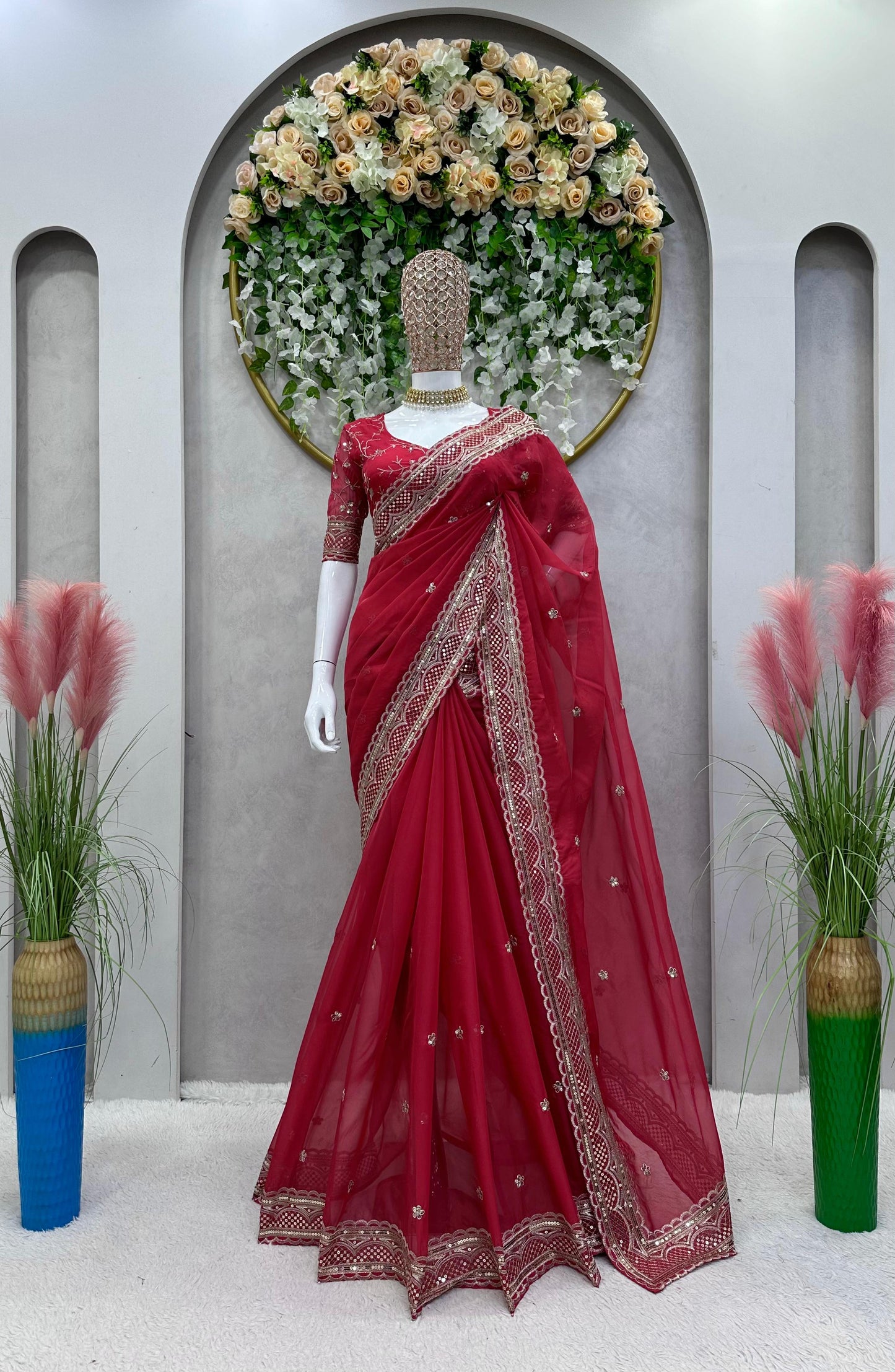 Lovely Red Color Thread Sequence Work Saree