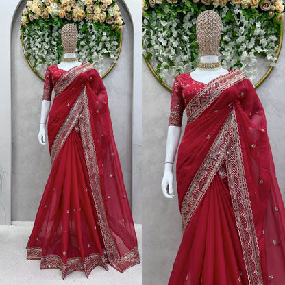 Lovely Red Color Thread Sequence Work Saree