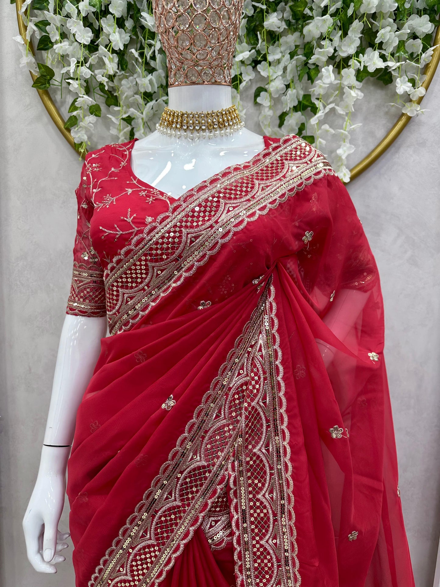 Lovely Red Color Thread Sequence Work Saree