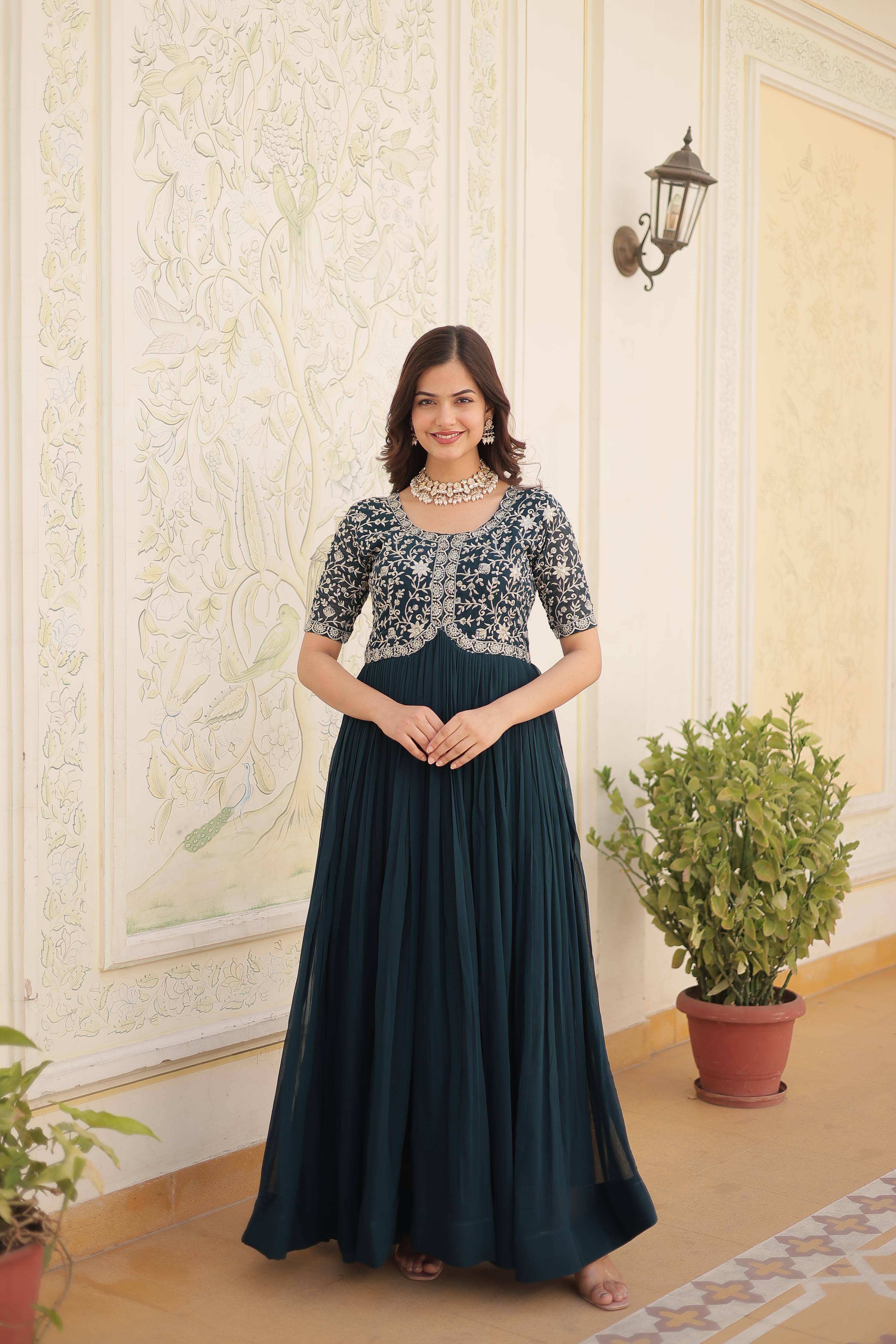 Terrific Dark Green Color Embroidery Work Gown