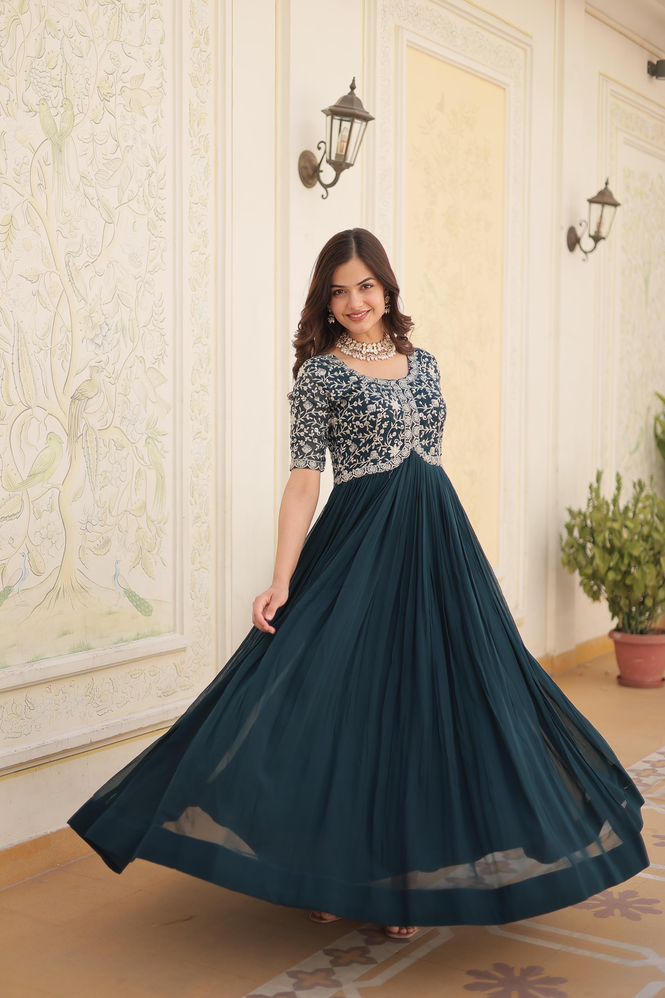 Terrific Dark Green Color Embroidery Work Gown