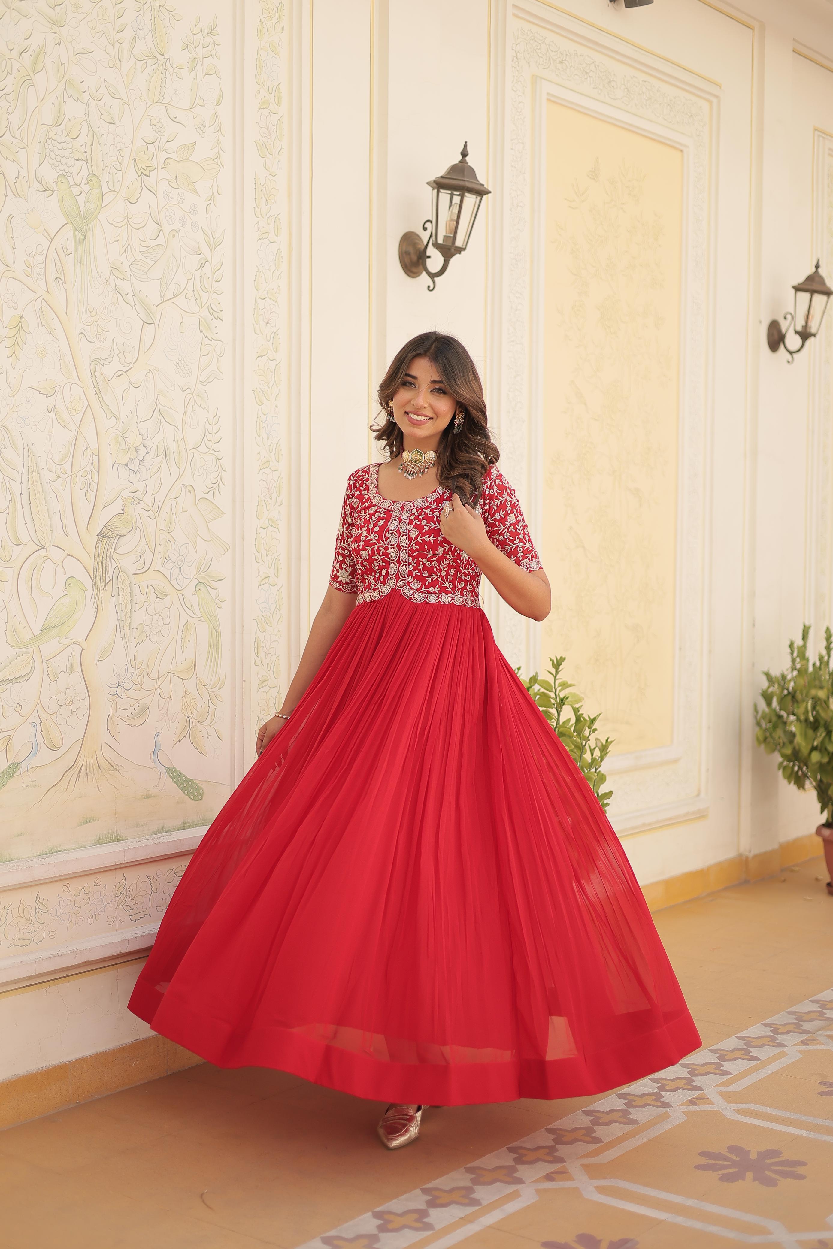 Terrific Red Color Embroidery Work Gown