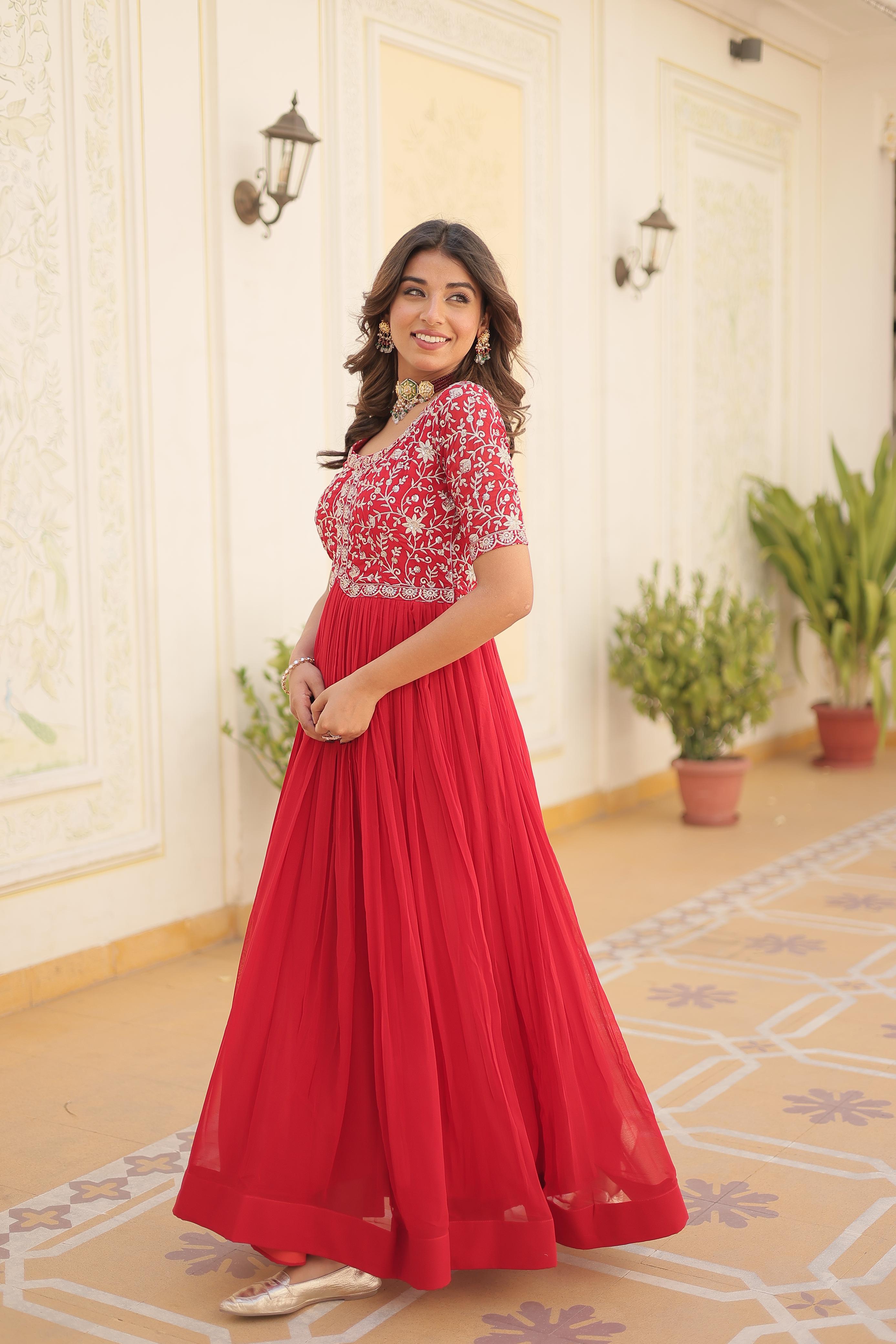 Terrific Red Color Embroidery Work Gown