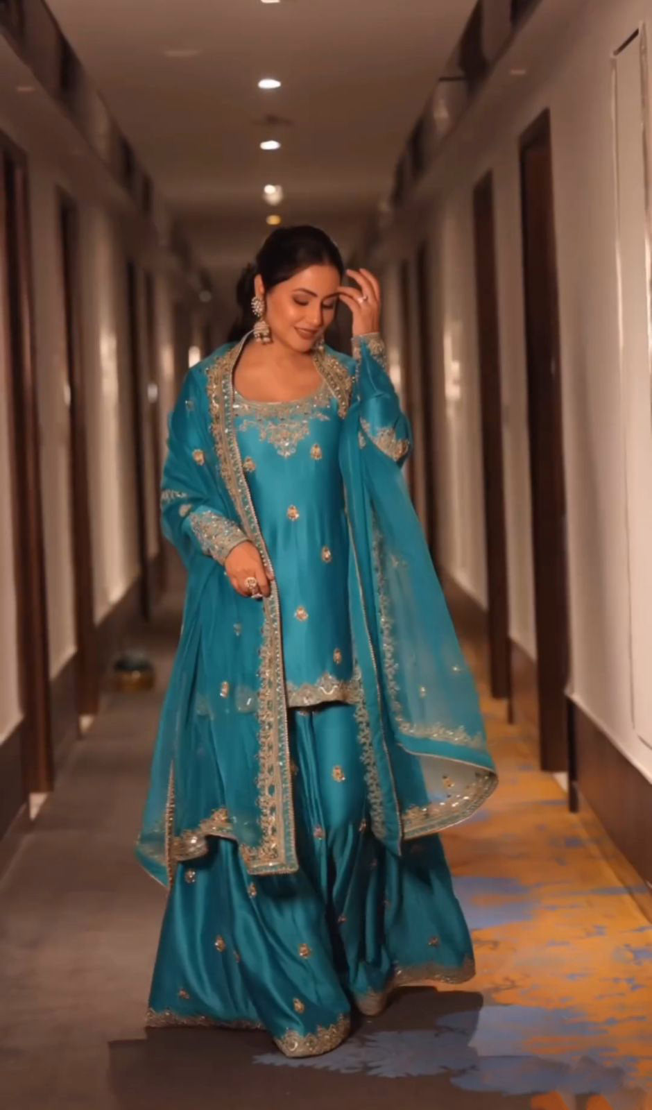 Bollywood Hina Khan Wear Fascinating Teal Blue Sharara Suit