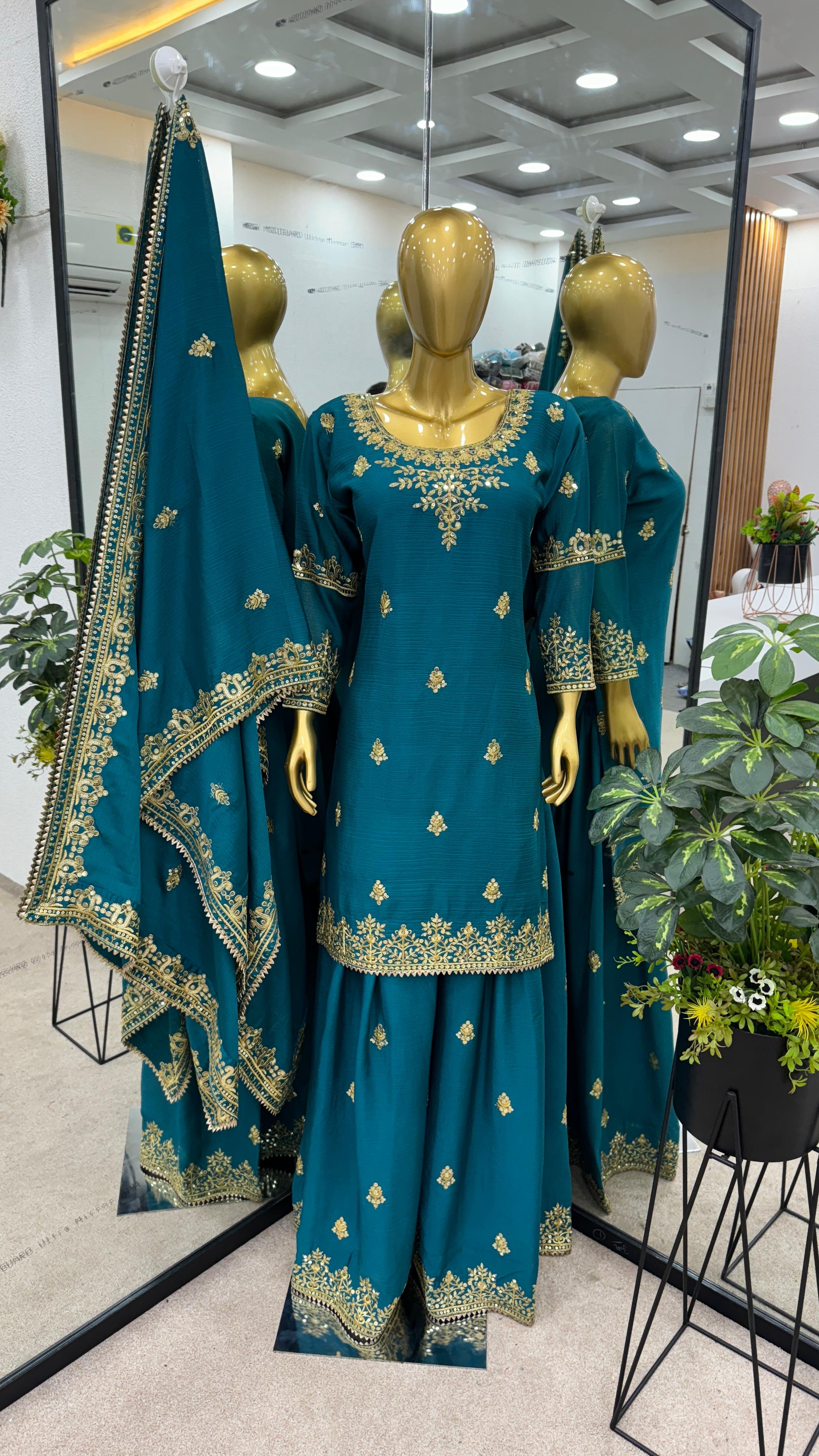 Bollywood Hina Khan Wear Fascinating Teal Blue Sharara Suit