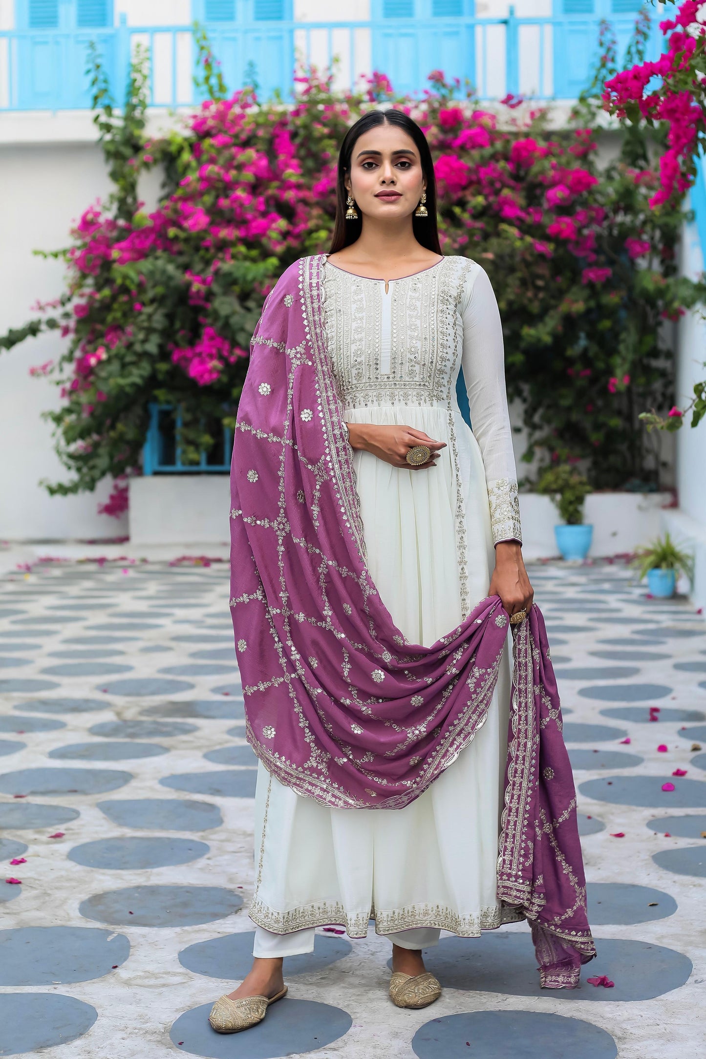 Party Wear Look White Gown With Pink Dupatta