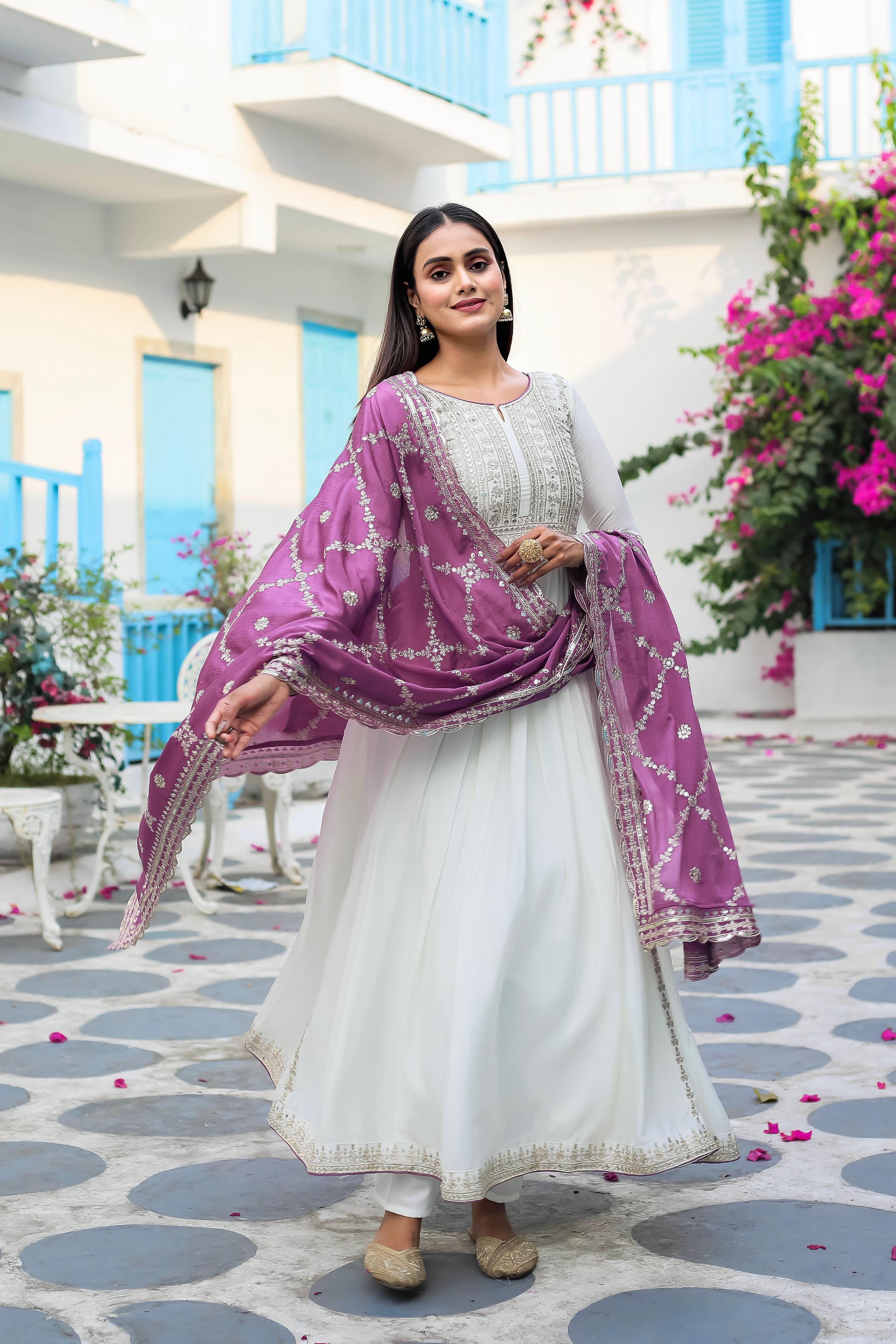 Party Wear Look White Gown With Pink Dupatta