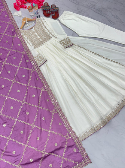 Party Wear Look White Gown With Pink Dupatta