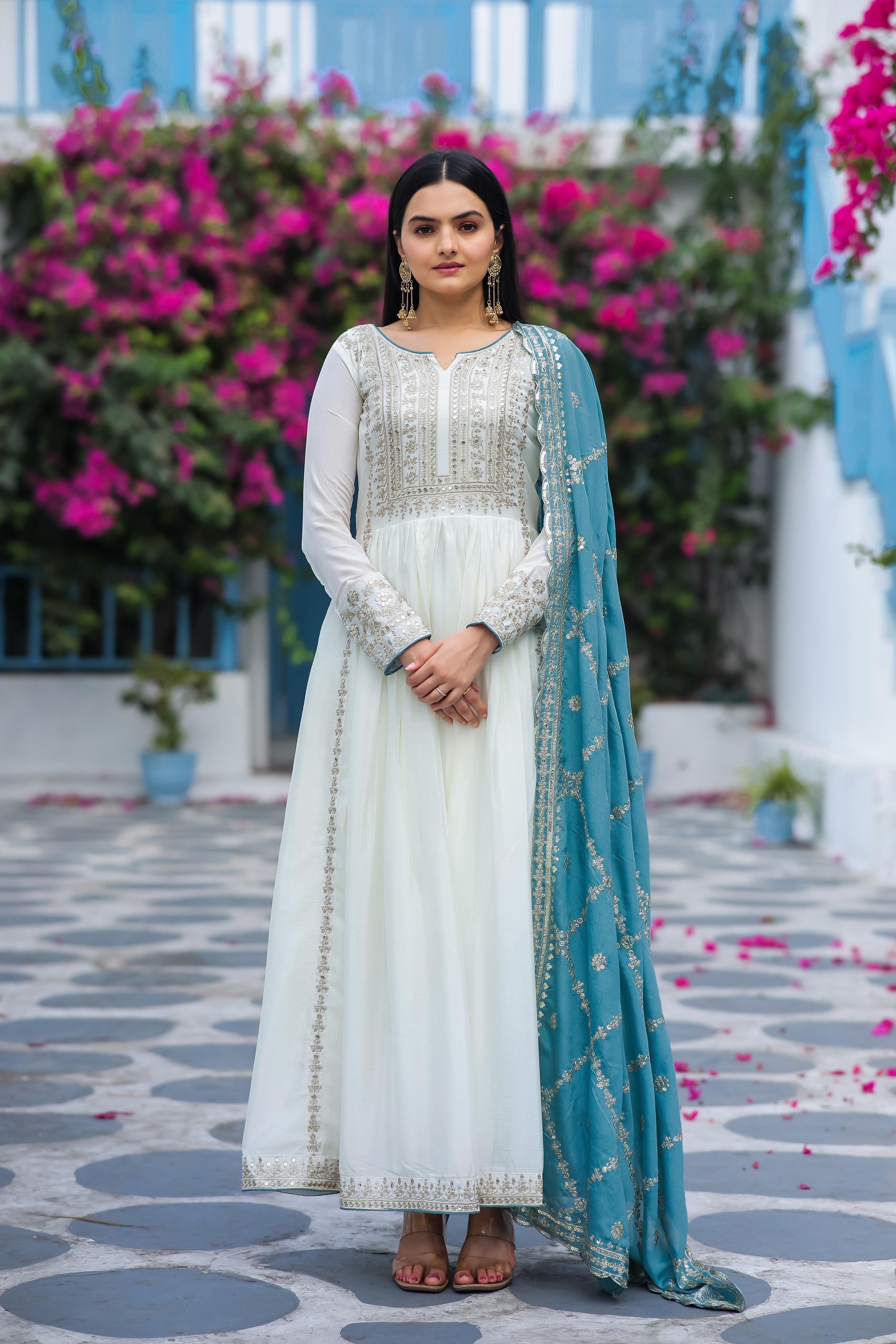 Party Wear Look White Gown With Sky Blue Dupatta