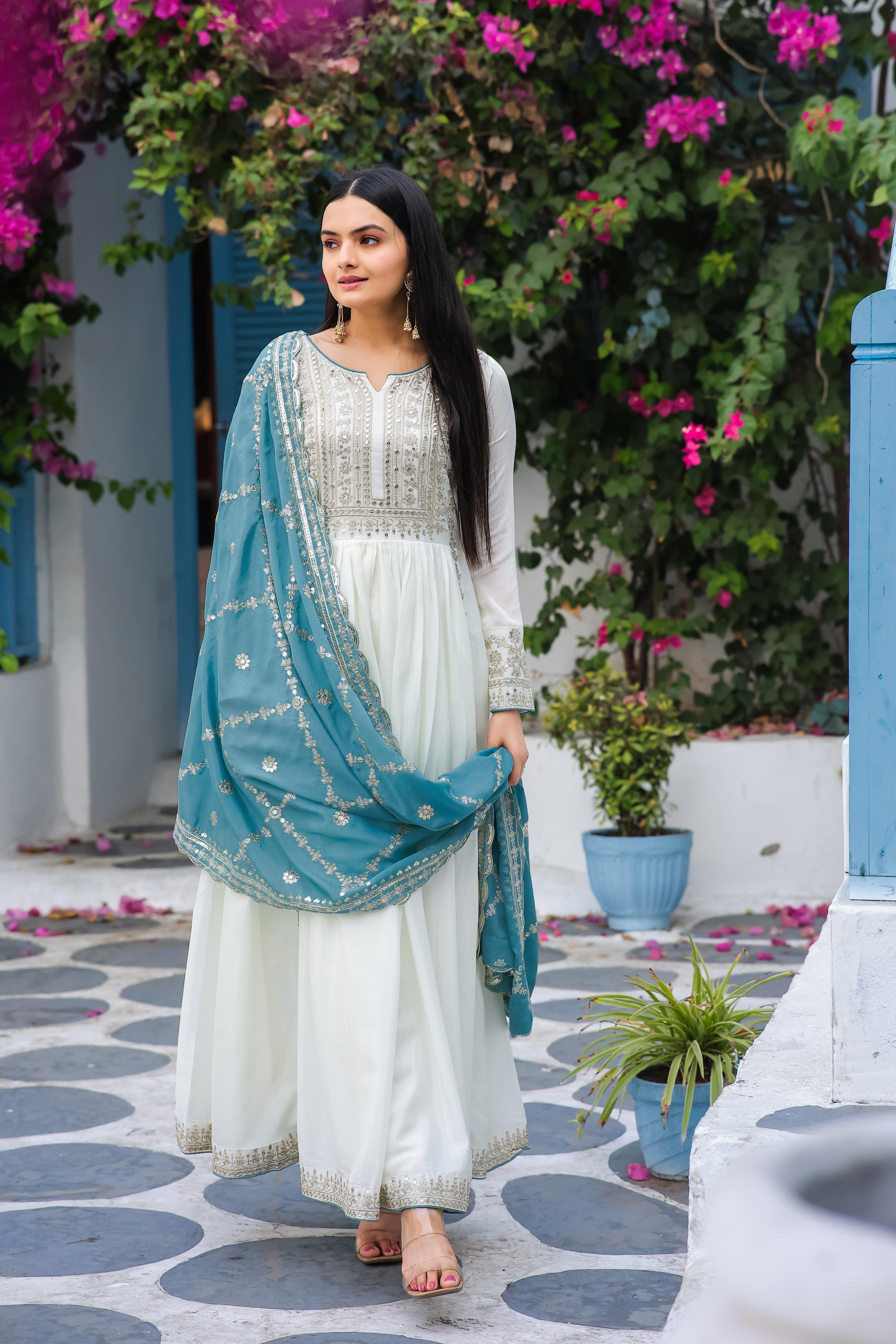 Party Wear Look White Gown With Sky Blue Dupatta