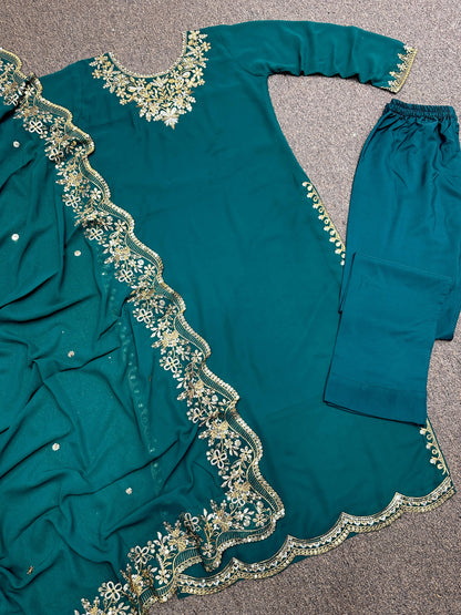 Fancy Embroidery Sequence Work Teal Blue Salwar Suit