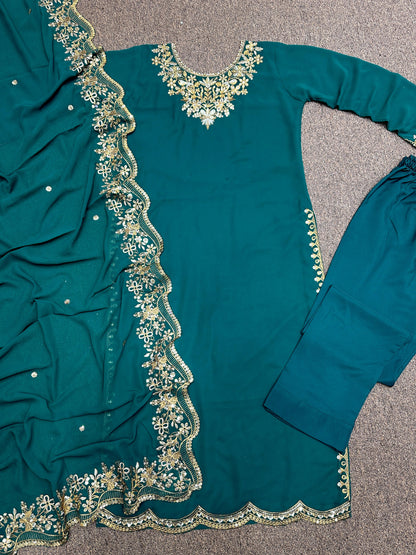 Fancy Embroidery Sequence Work Teal Blue Salwar Suit