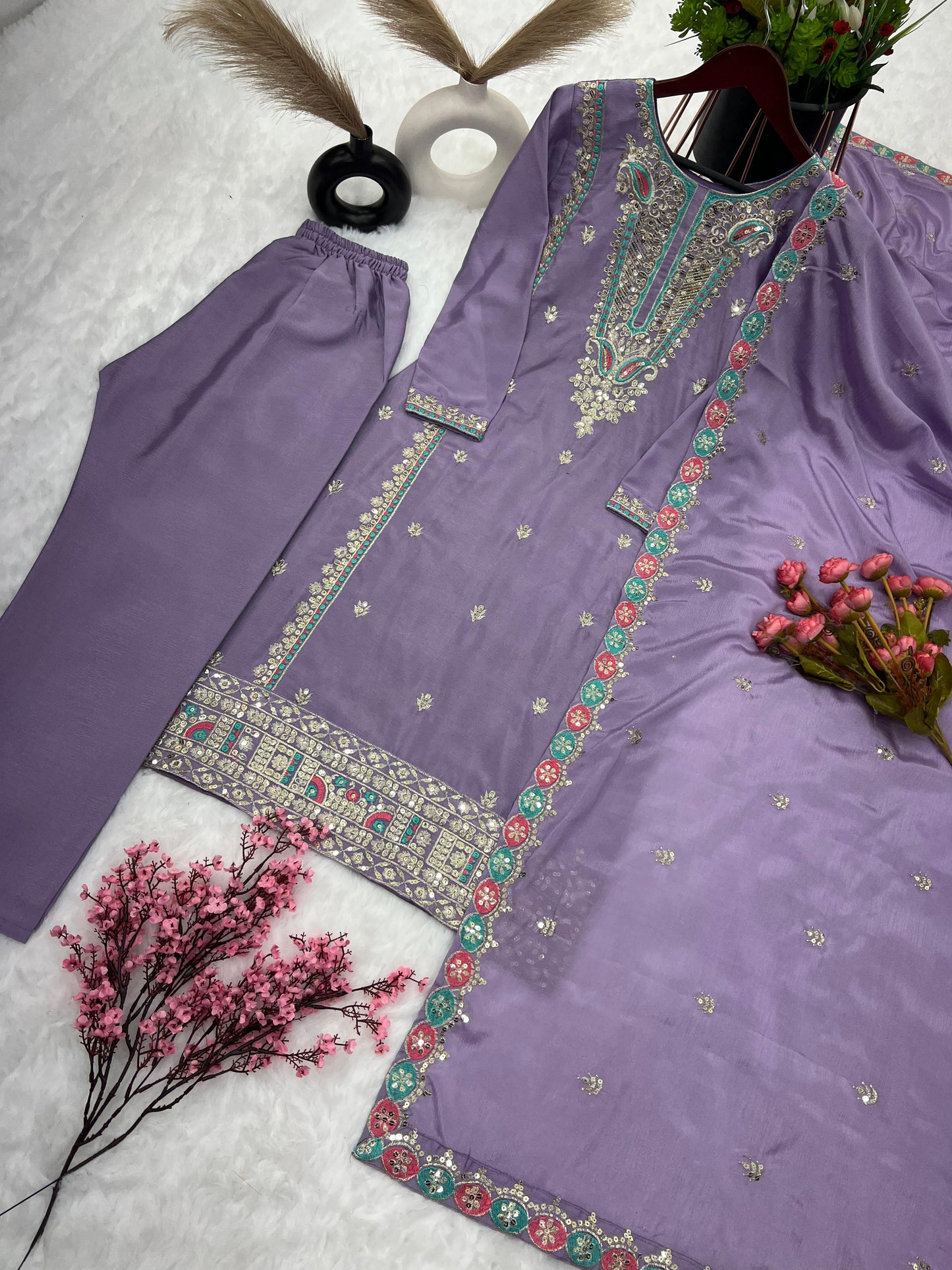 Festive Wear Lavender Sequence Work Kurti Set