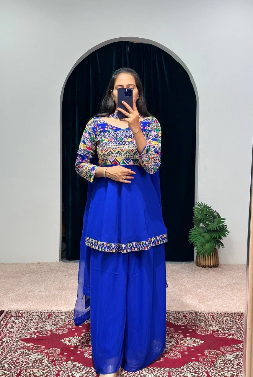 Royal Blue Color Embroidery Work Sharara Suit