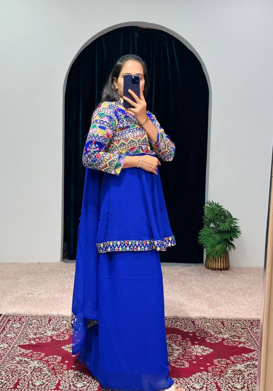 Royal Blue Color Embroidery Work Sharara Suit