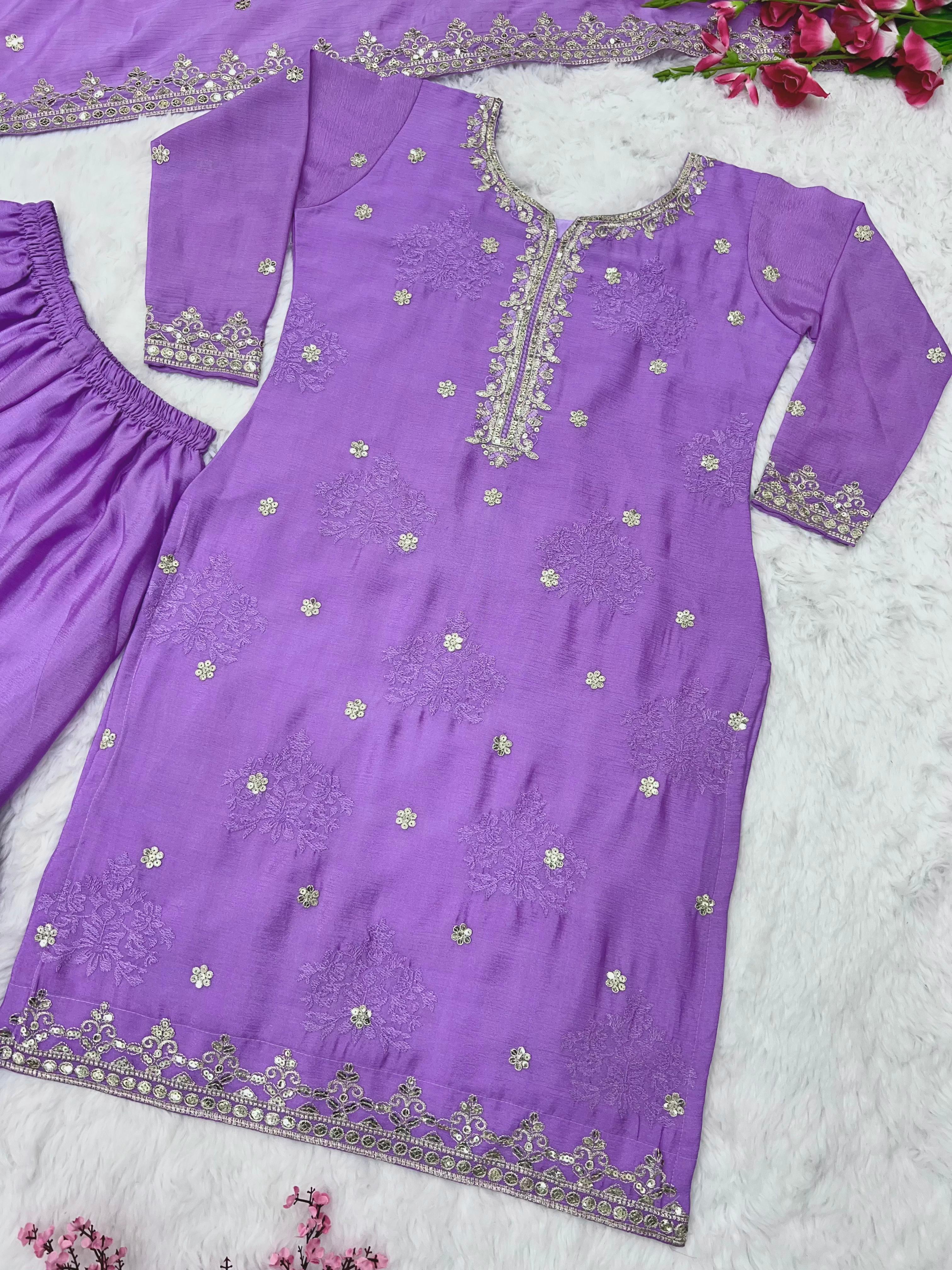 Trendy Lavender Color Embroidery Sequence Work Sharara Suit