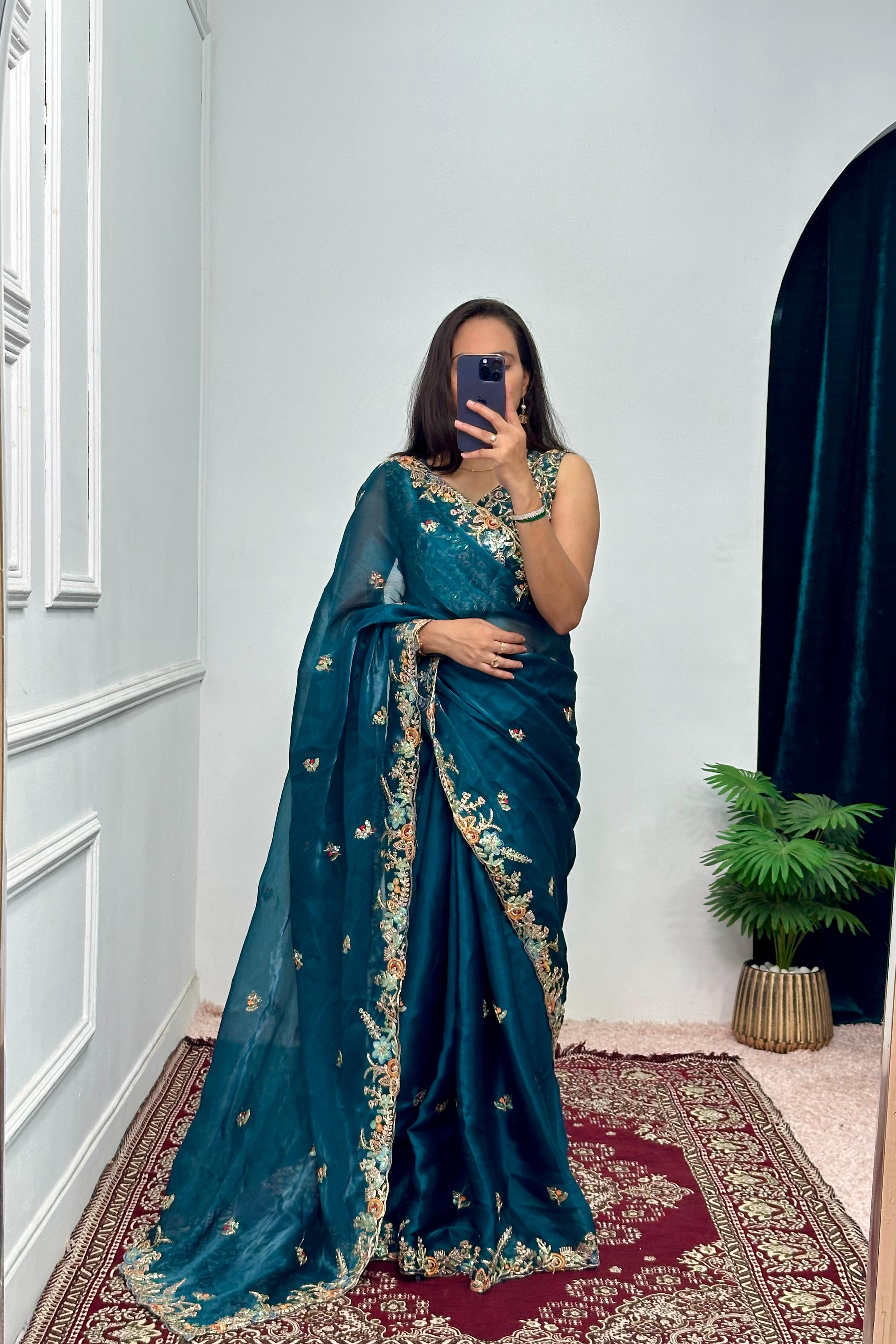 Mesmerizing Teal Blue Color Dori Sequence Work Saree