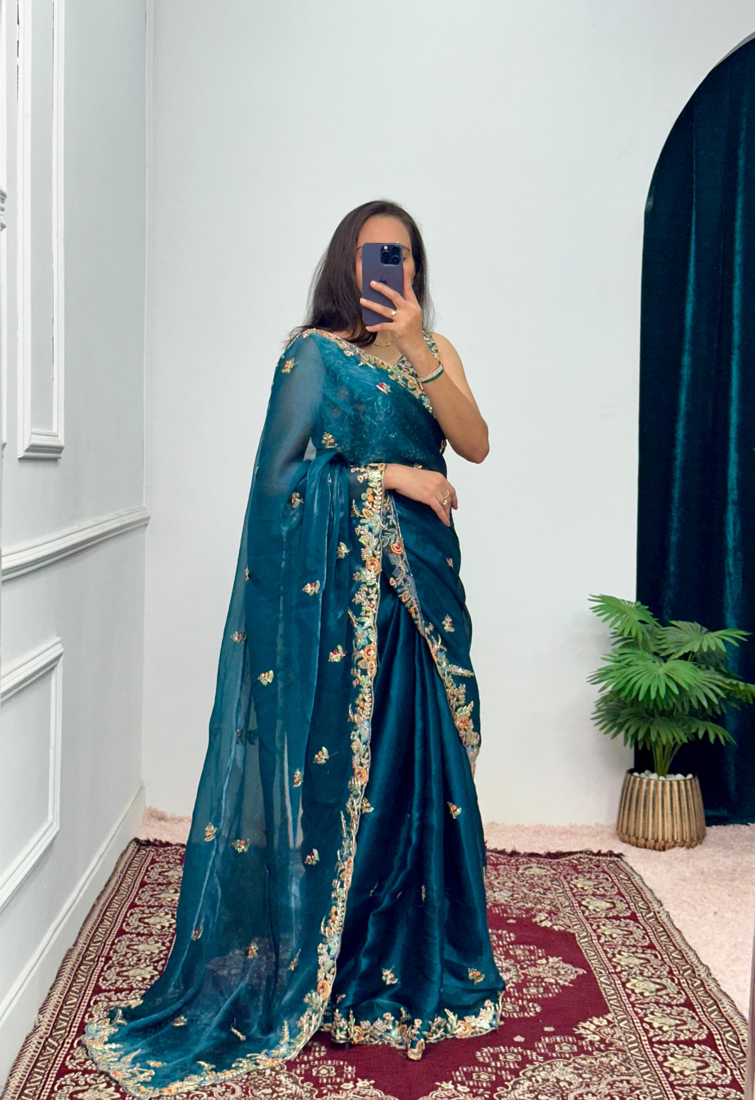 Mesmerizing Teal Blue Color Dori Sequence Work Saree