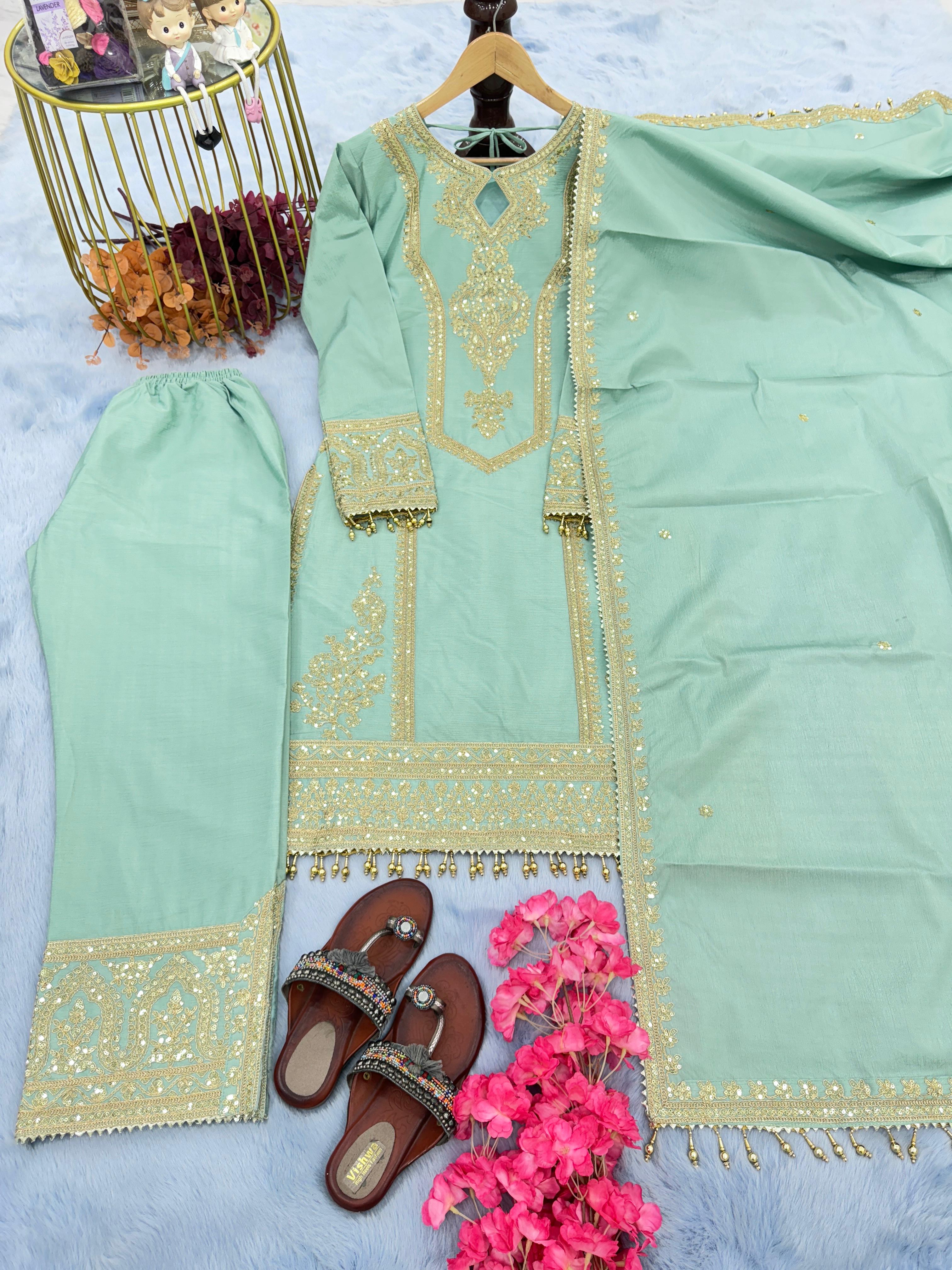 Party Wear Embroidery Work Pista Green Kurti Pant With Dupatta