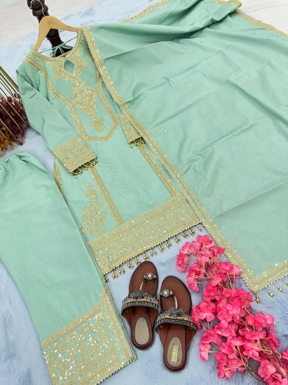 Party Wear Embroidery Work Pista Green Kurti Pant With Dupatta