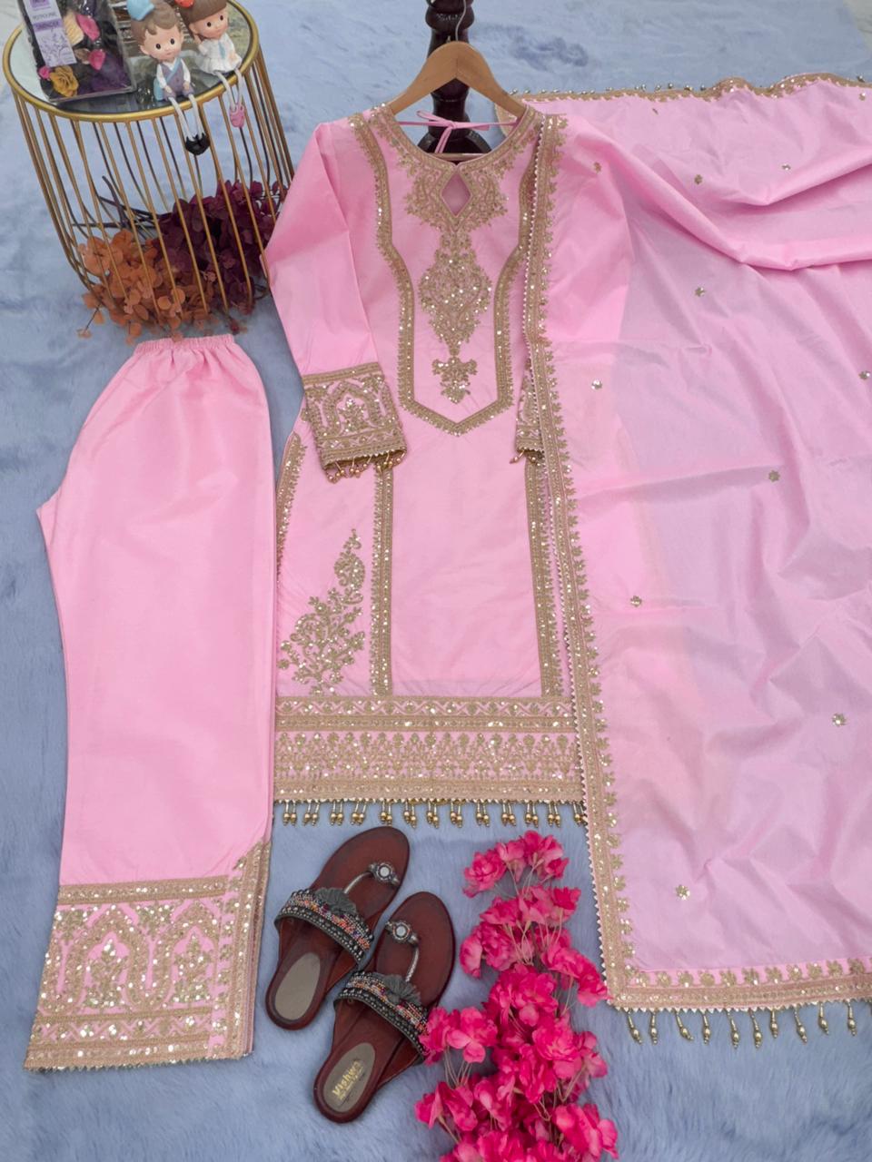 Party Wear Embroidery Work Light Pink Kurti Pant With Dupatta