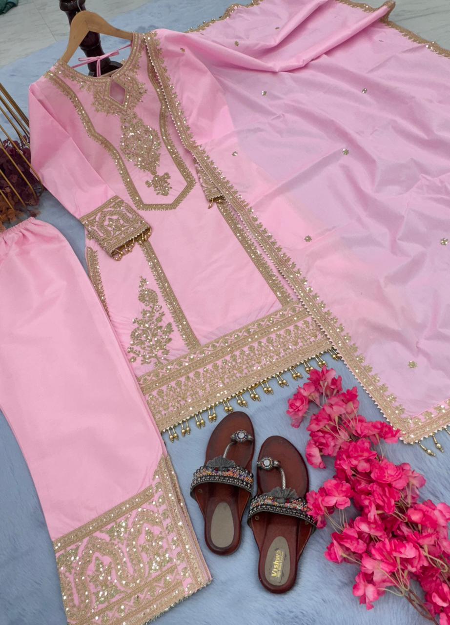 Party Wear Embroidery Work Light Pink Kurti Pant With Dupatta