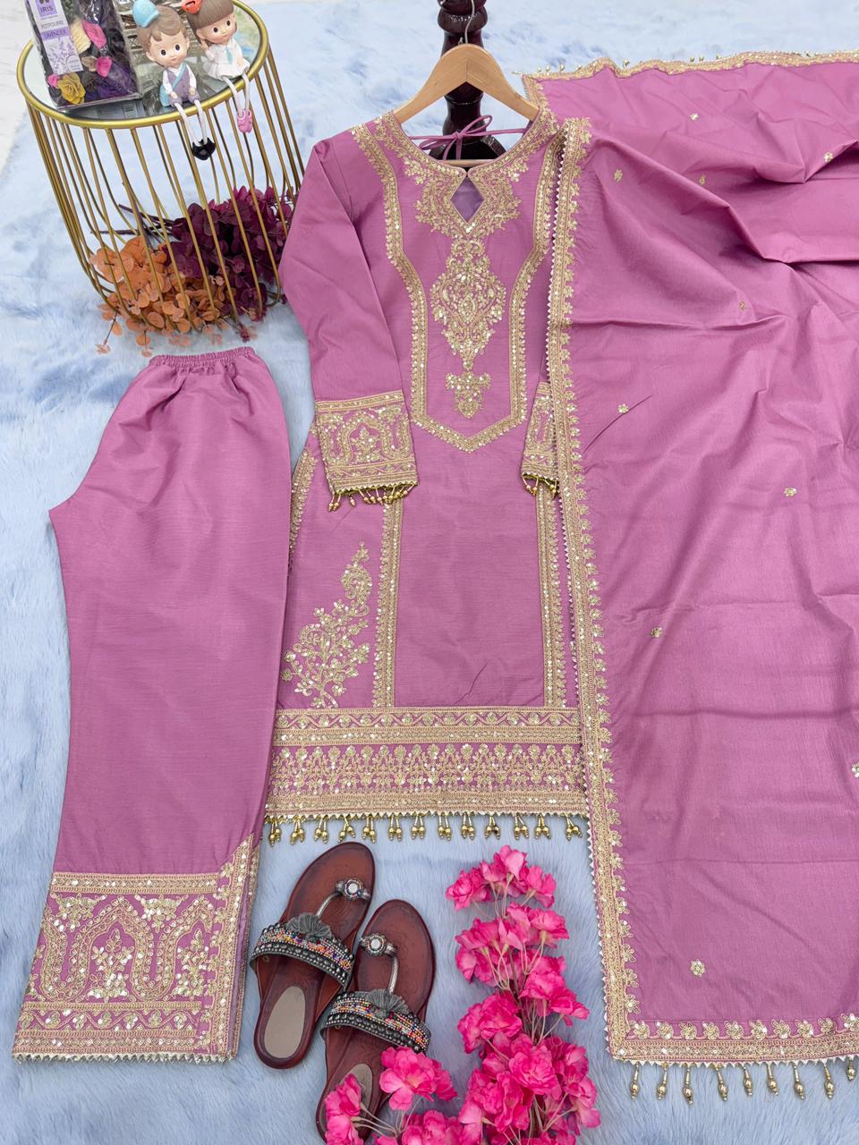 Party Wear Embroidery Work Dusty Pink Kurti Pant With Dupatta