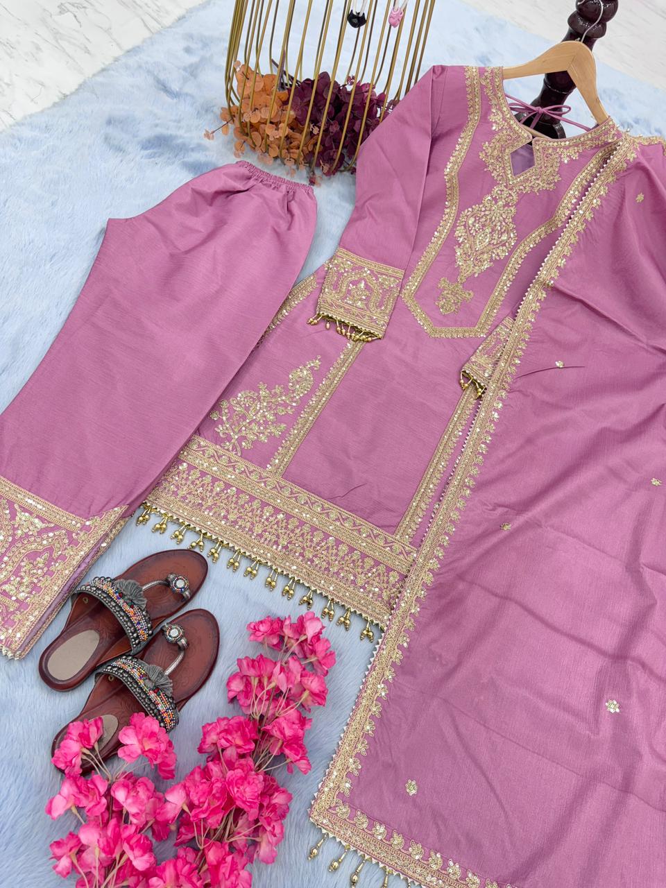 Party Wear Embroidery Work Dusty Pink Kurti Pant With Dupatta