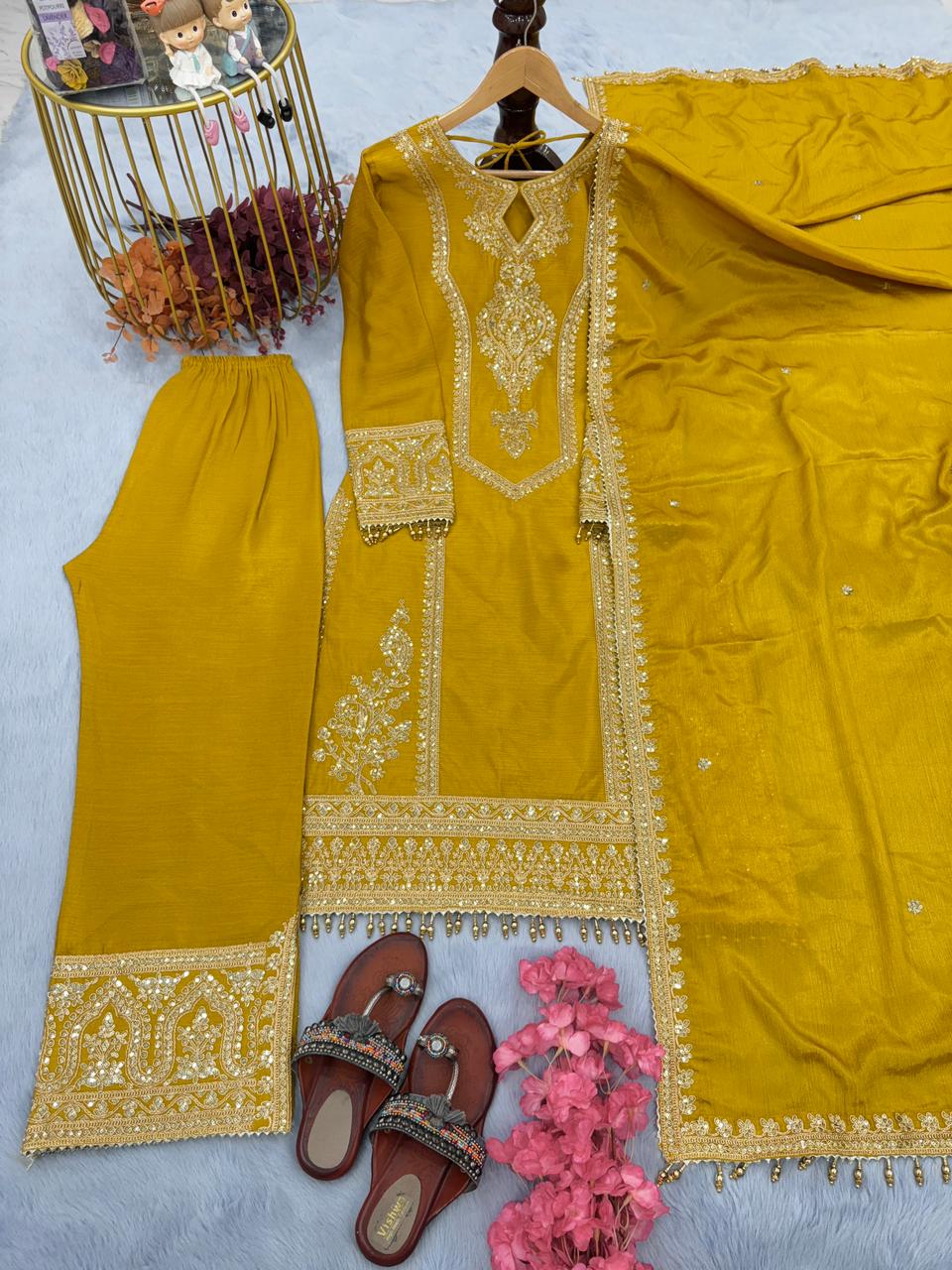 Party Wear Embroidery Work Mustard Kurti Pant With Dupatta