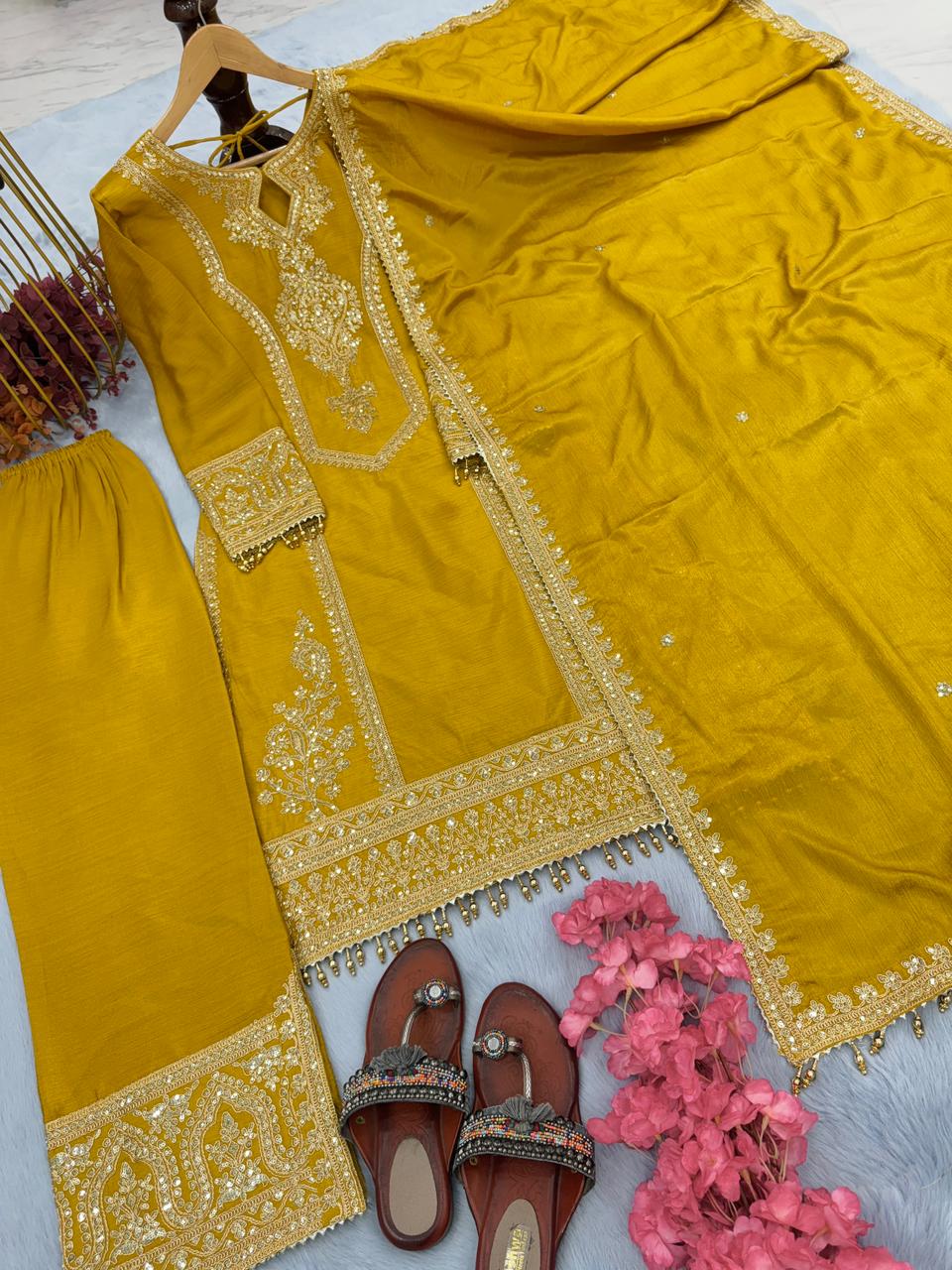 Party Wear Embroidery Work Mustard Kurti Pant With Dupatta