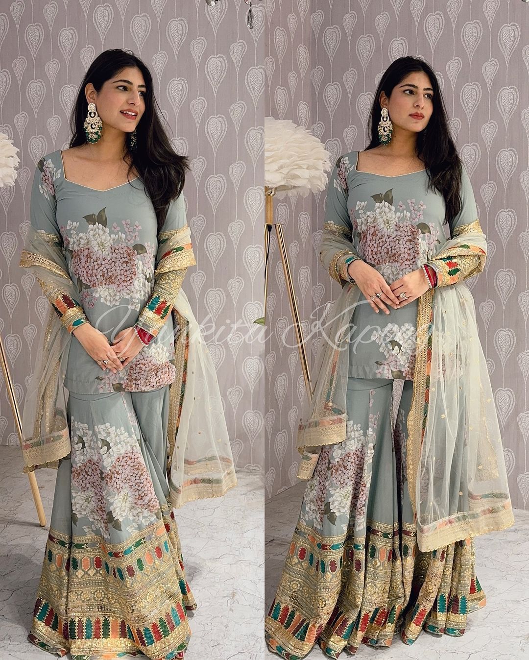 Fantastic Gray Color Embroidered With Printed Sharara Suit