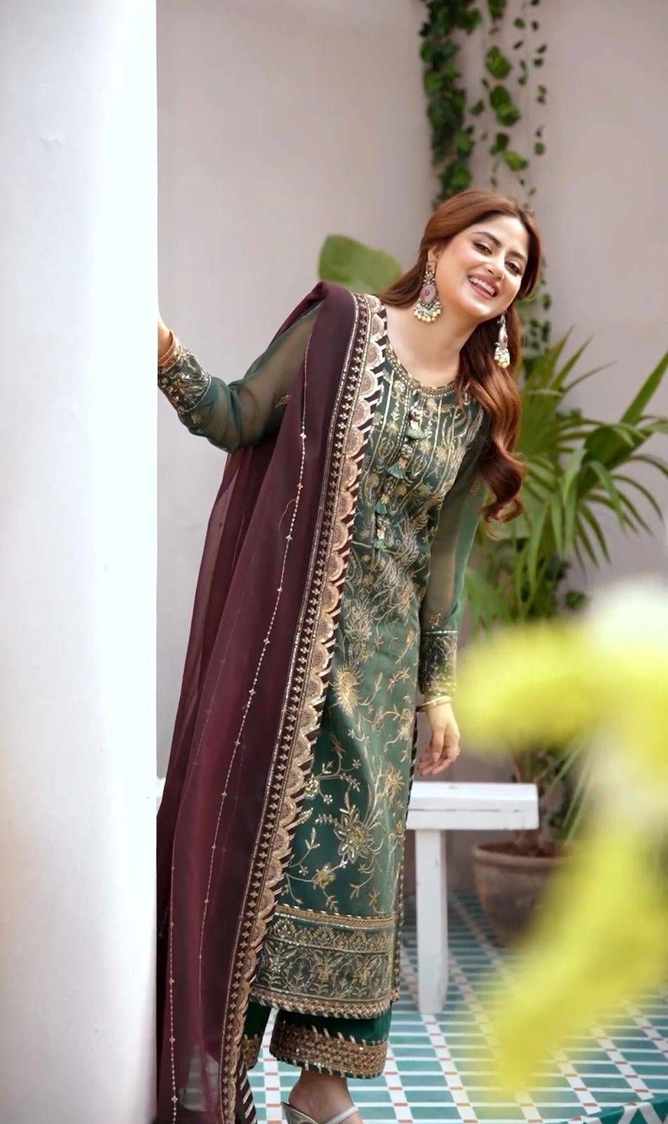 Full Work Pakistani Style Green Color Latest Palazzo Suit