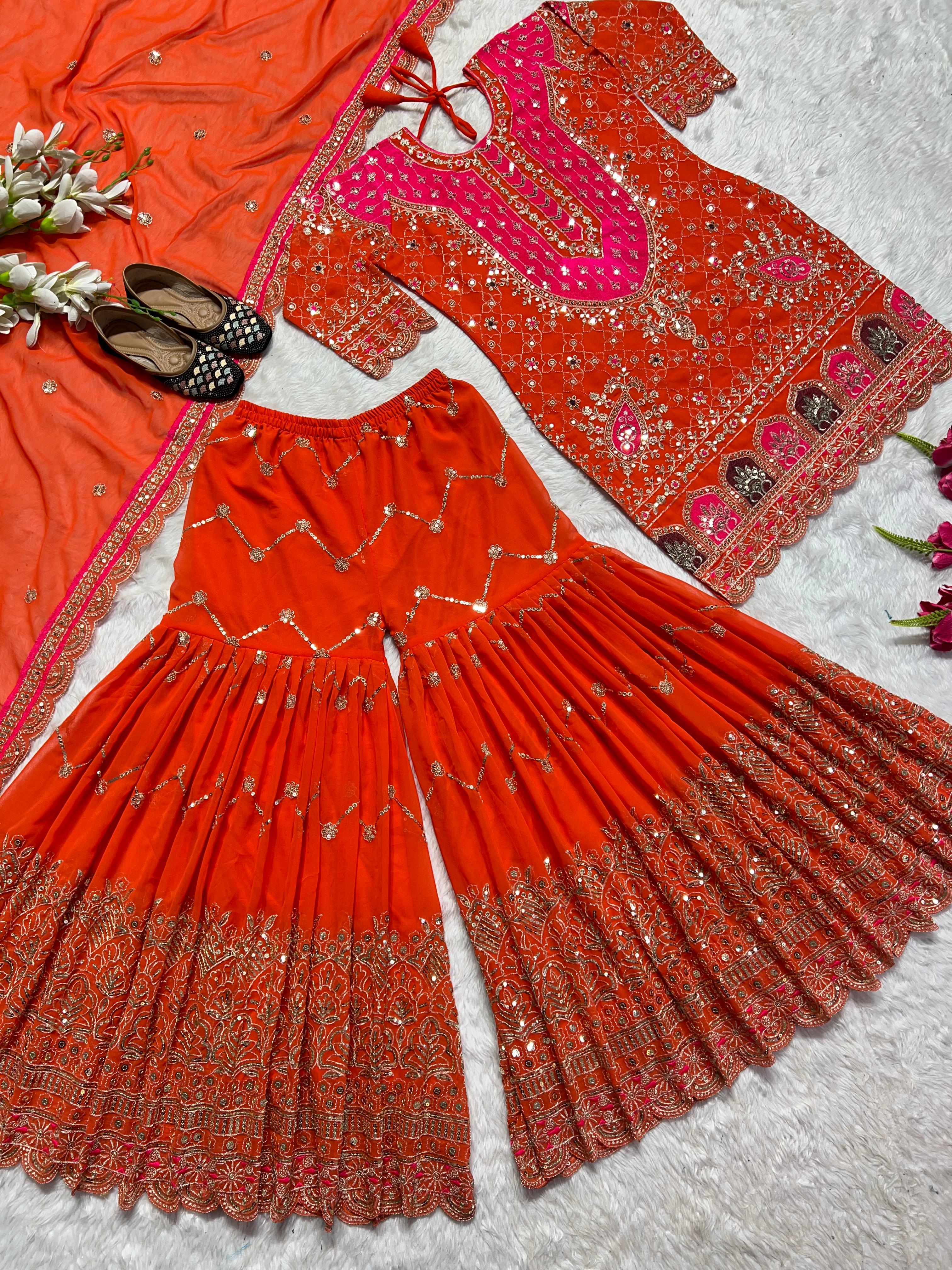 Wedding Wear Full Sleeve Orange Color Heavy Sharara Suit