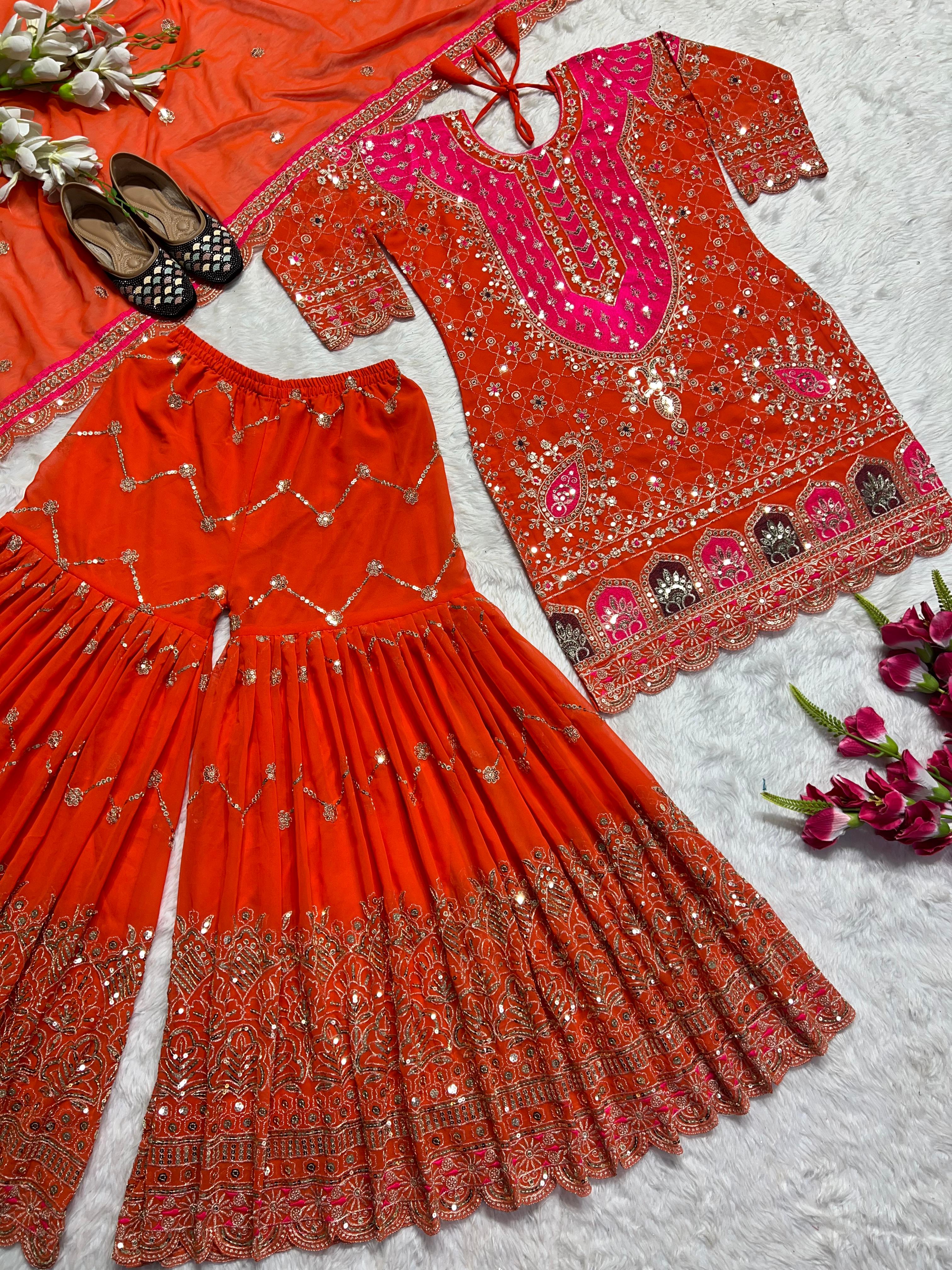 Wedding Wear Full Sleeve Orange Color Heavy Sharara Suit