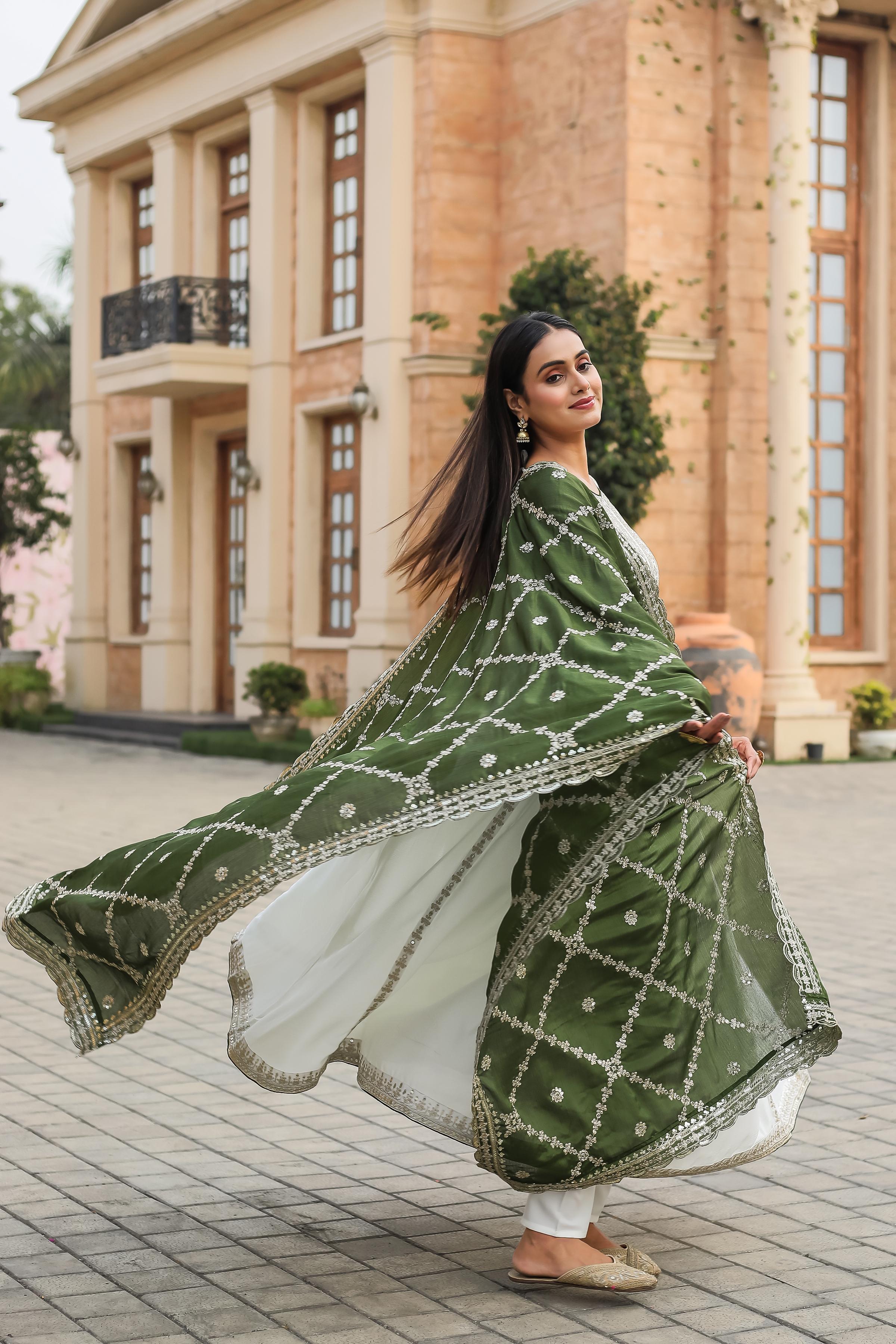 Party Wear Look White Gown With Mehndi Dupatta